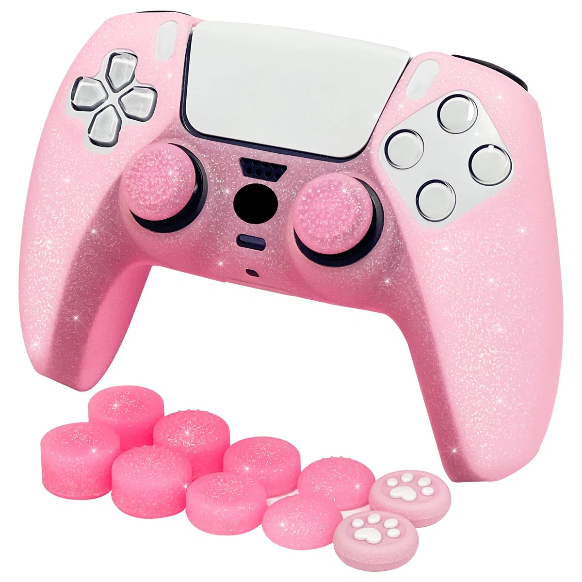 Cover protettiva in silicone antiscivolo rosa glitterata compatibile con controller PS5/Slim/Pro, 8 tappi per pollice glitterati e 2 tappi per impugnature.