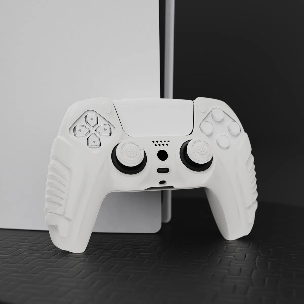 PlayVital Cover Skin Silicone Protettiva per ps5 Joystick,Custodia Antiscivolo Copertura Gomma per Controller con Copri Levette Analogiche(Guerriero Furioso Edizione)-Bianco