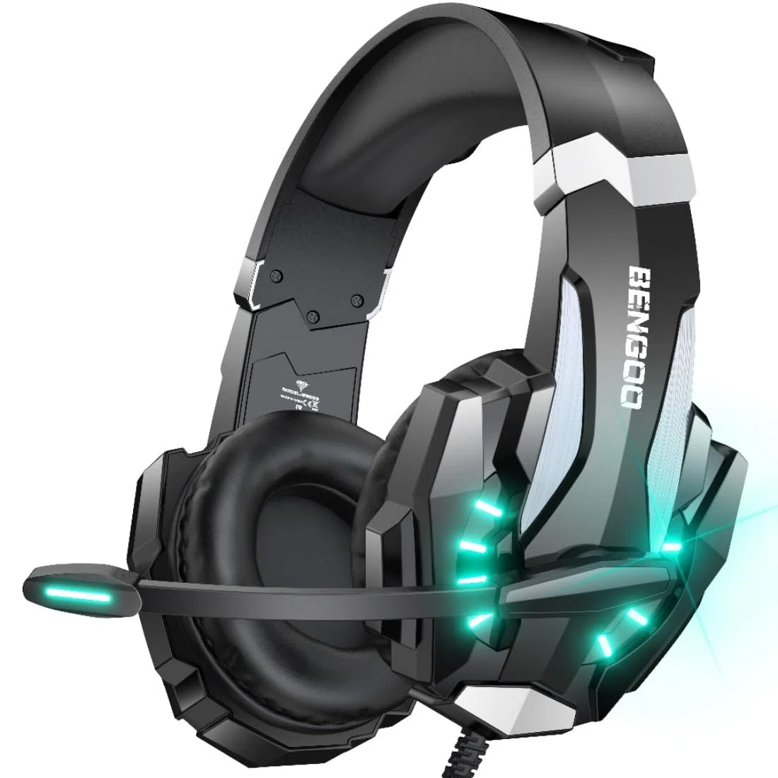 BENGOO G9000 Cuffie stereo da gioco per PS4 PC Xbox One PS5 Controller, cuffie over-ear con microfono, luce LED, Bass Surround, morbidi paraorecchie in memoria per laptop Mac - Nero