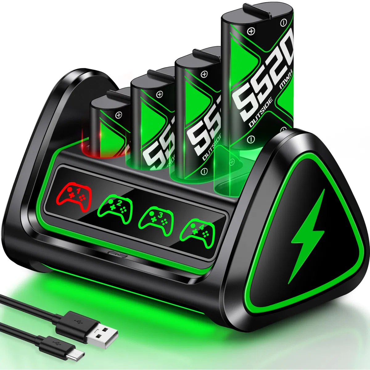 Batteria per controller Xbox con 4 batterie da 5520 mWh per Xbox One/Xbox Series X/S, stazione di ricarica ricaricabile per Xbox One con porta USB per la ricarica