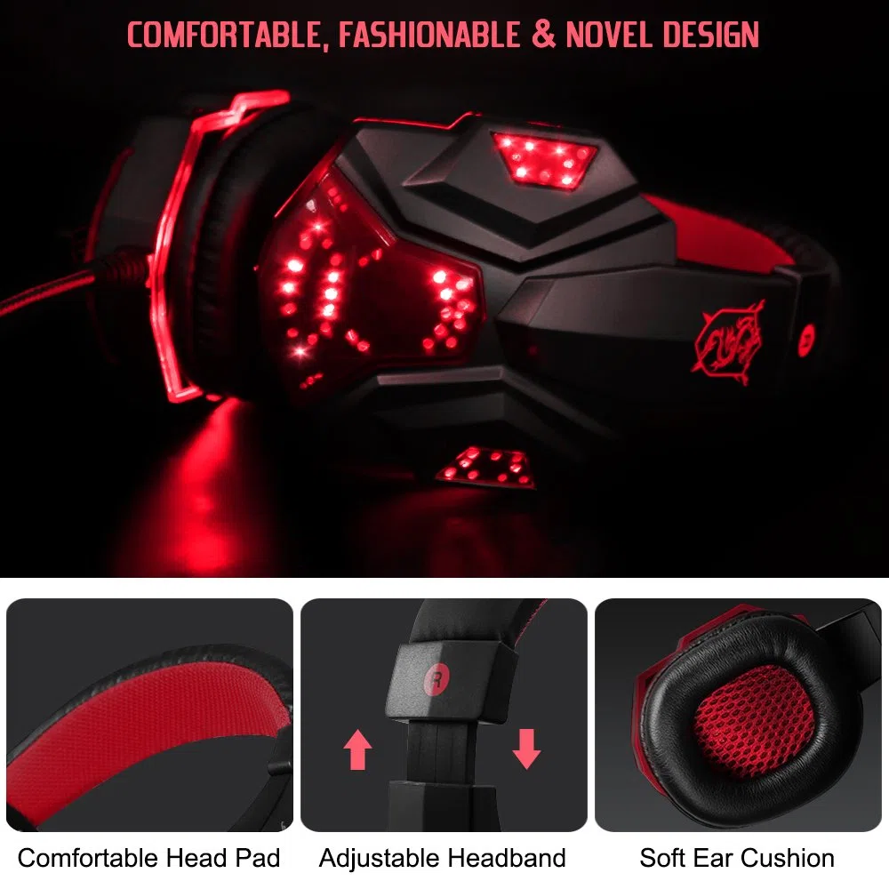 Gaming Headset con microfono e LED Light per laptop, portatile, PS4 e il nuovo Xbox One, DLAND 3.5mm Wired Noise Isolamento Gaming Headphones - Controllo del Volume (Nero e Rosso).