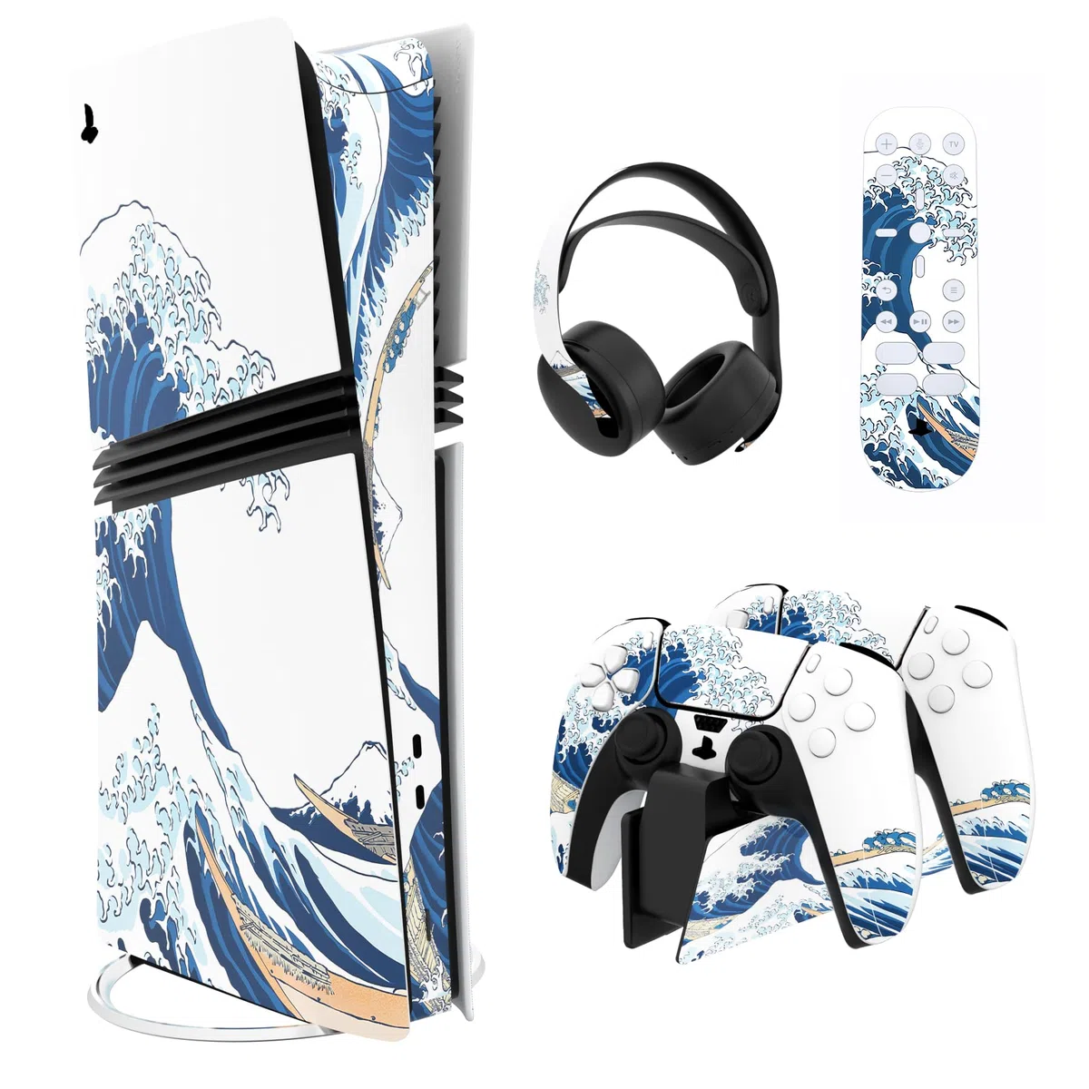 playvital Adesivo Skin per ps5 PRO Console Disc&Digital Edition, Sticker Decal Cover Vinile per ps5 Controller Cuffie Base di Ricarica Telecomando, Grande Onda Bianca