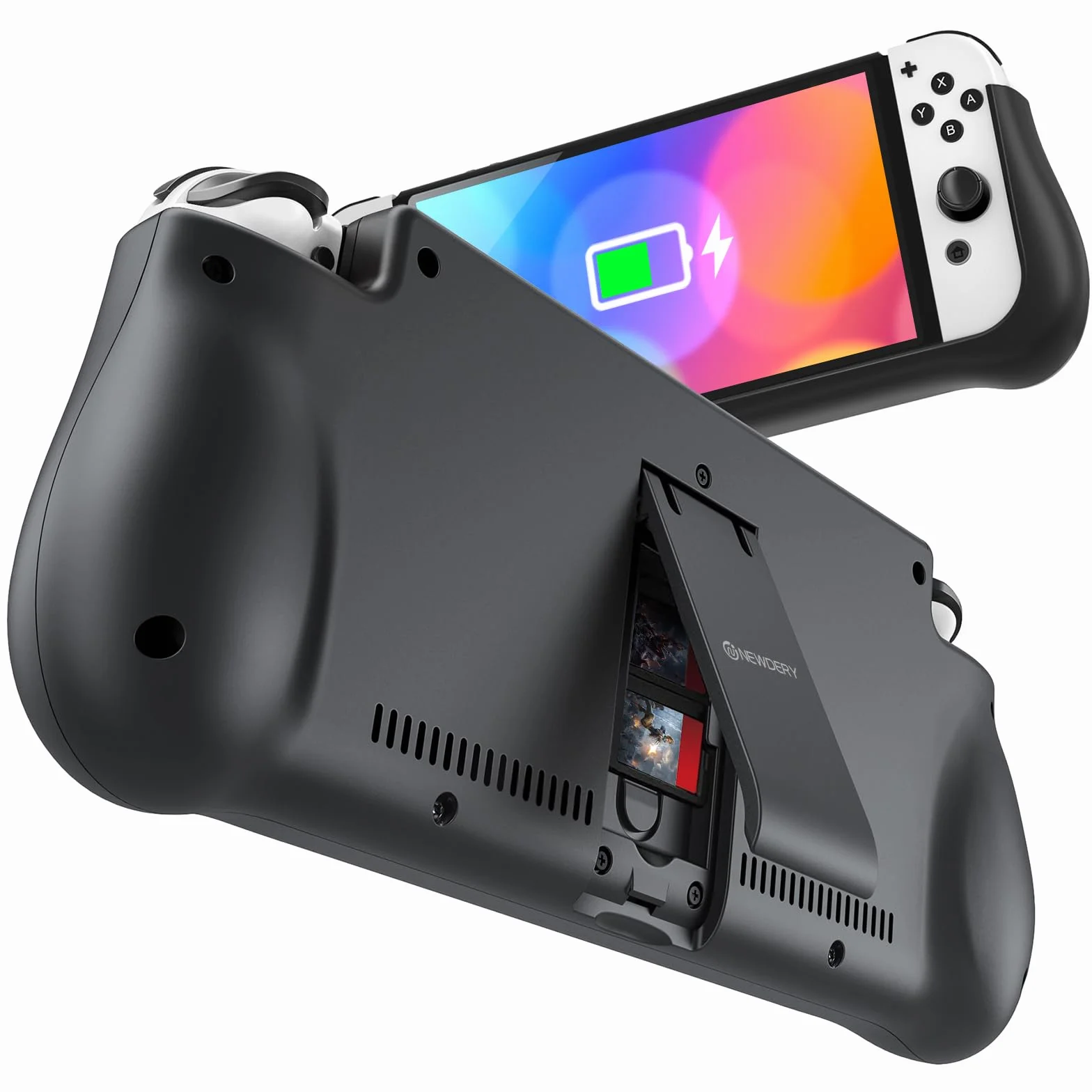 NEWDERY Stazione Batteria Esterna per Nintendo Switch, 10000mAh Custodia Caricatore Backup PD Ricarica Rapida con 2 Slot per Schede di Gioco Extra Cavalletto Regolabile per Nintendo Switch