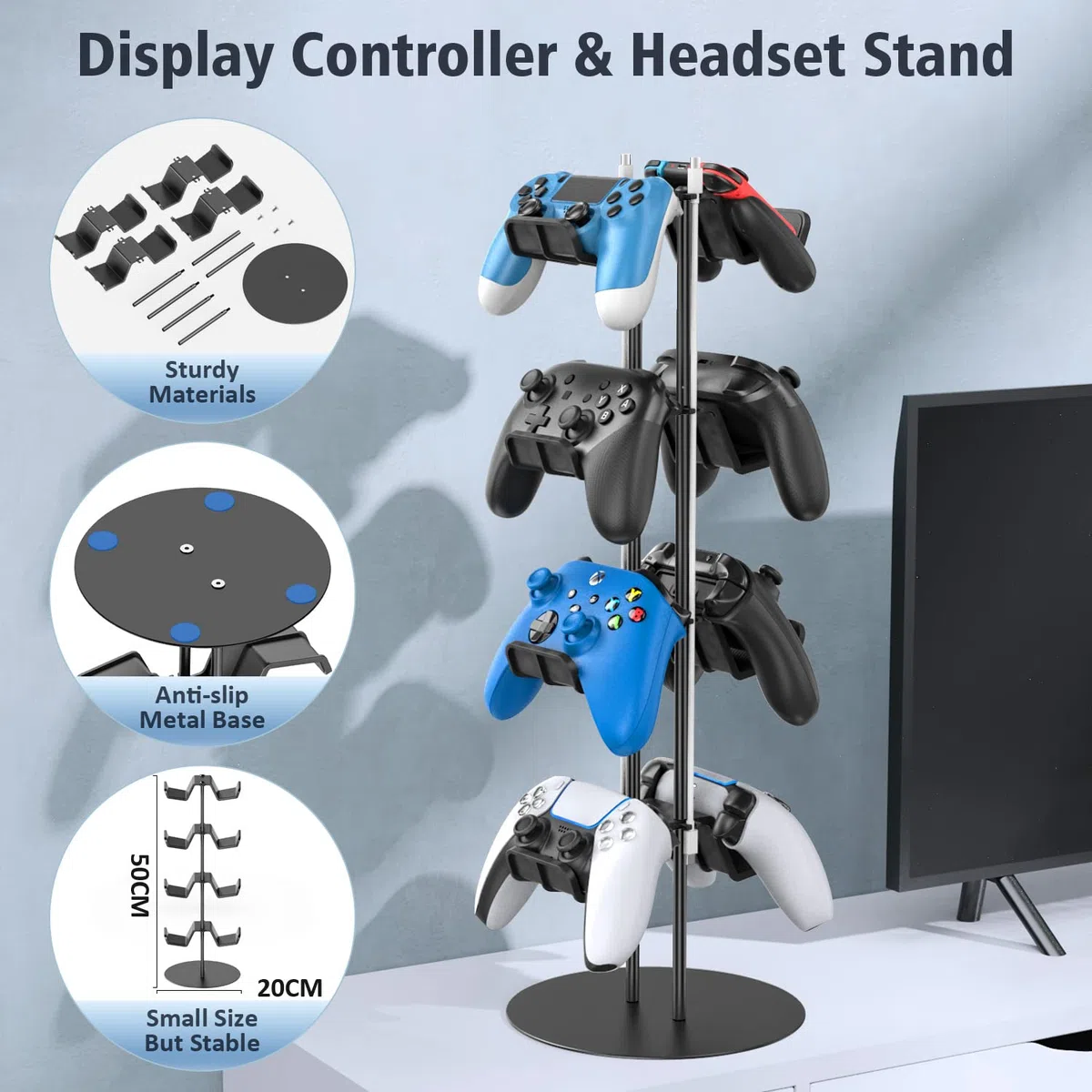 Supporto Cuffie e Joystick a 4 Livelli, Porta Cuffie e Joystick Universale per PS5/PS4/Xbox/Nintendo Switch, Porta Controller a 8 Grandi Capacità, Accessori Gaming Organizer per Controller e Cuffi