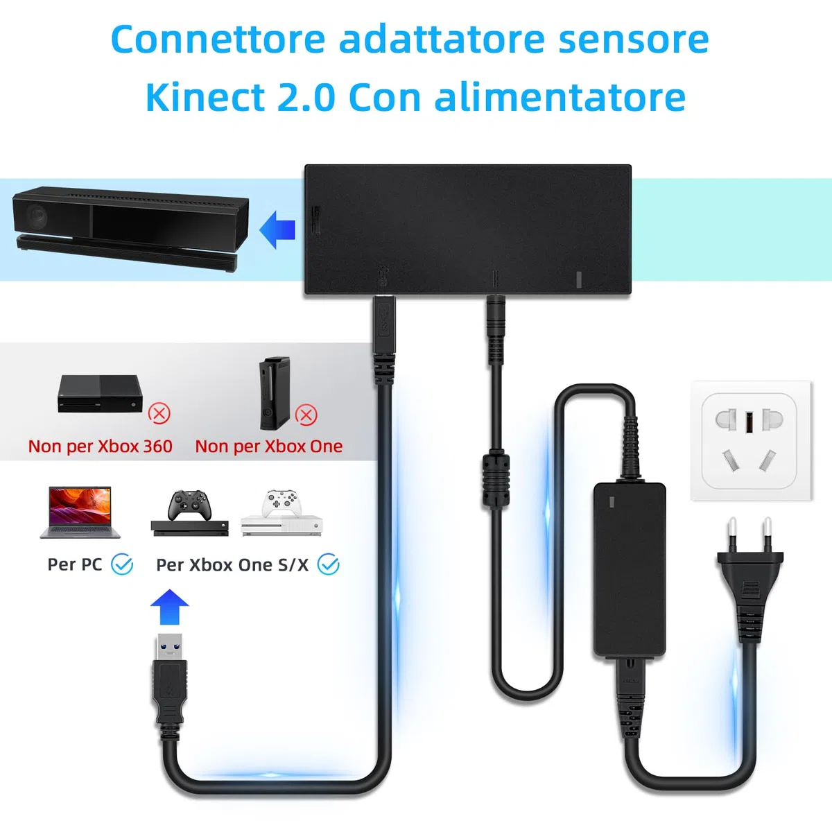 Mcbazel Xbox One Sensor Converter per Kinect 2.0 Adattatore sensore con alimentatore compatibile con X-box One Slim/X-box One X/PC - Spina UE