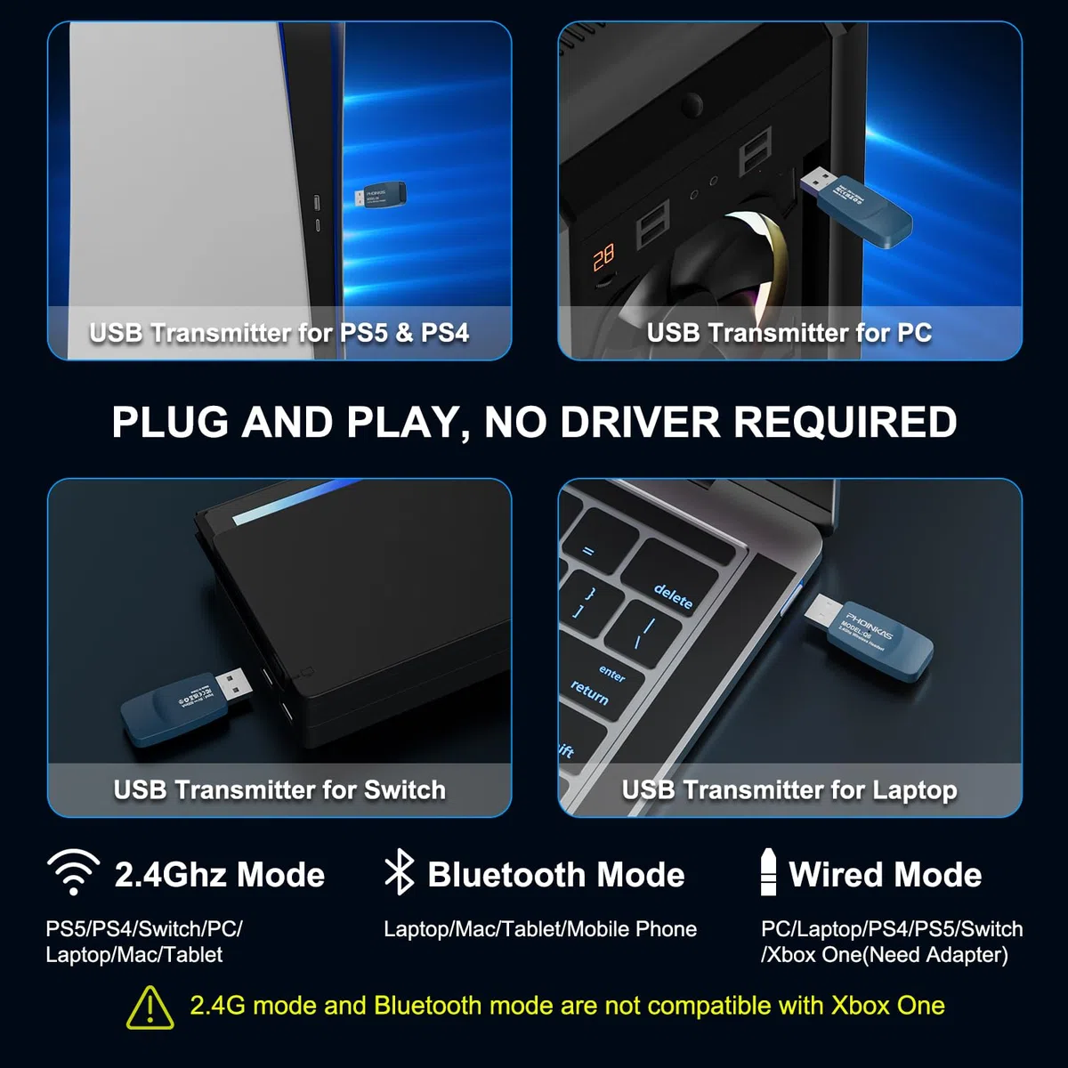 PHOINIKAS Cuffie Gaming Wireless, 2,4GHz Wireless Cuffie per PC/Ps5/Ps4, Microfono a Cancellazione, Cuffie con Microfono, Batteria 30 H, Luce LED, 5.3 Bluetooth per Telefono/Portatile (Blu)