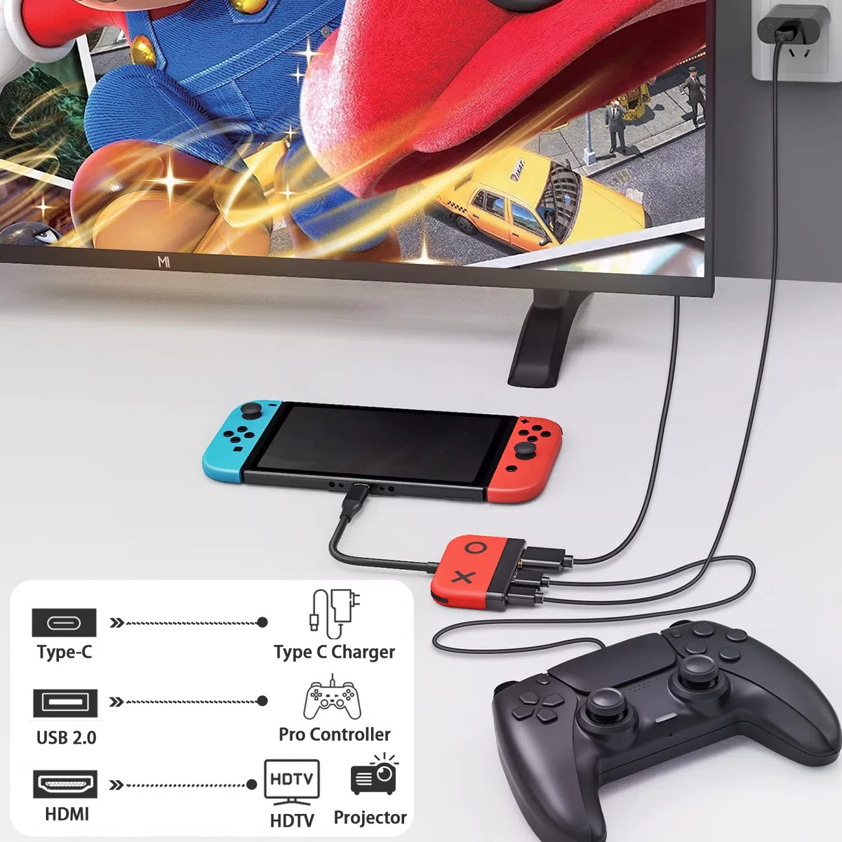 Tendak Adattatore USB C a HDMI per Switch/OLED - Tipo C a 4K HDMI Converter, USB 3.0, PD Porta di Ricarica, 3in1 Hub per MacBook Pro, Samsung S22, Huawei Mate 30 (Rosso)
