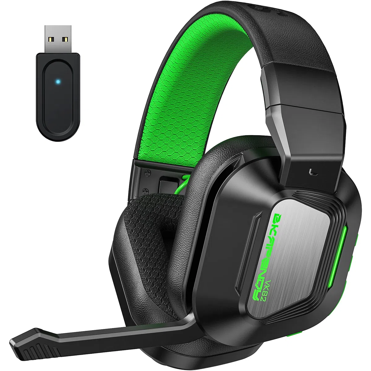 VK82 Cuffie da gioco senza fili, 2.4GHz Cuffie Wireless con Microfono + 5.4 Bluetooth, Cuffie da gioco pieghevoli per Ps5, Ps4, PC, Switch, Mac, Batteria da 50 Ore, LED Light, Nero Verde