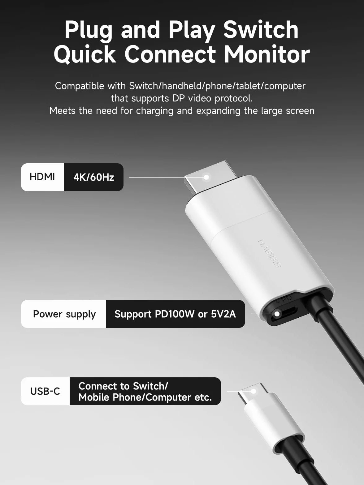Hagibis Dock per Nintendo Switch OLED, Adattatore USB C a HDMI Con 4K @60Hz, 100W Power Delivery, per Laptop, Tablet, SteamDeck, ROG Ally (Bianco)