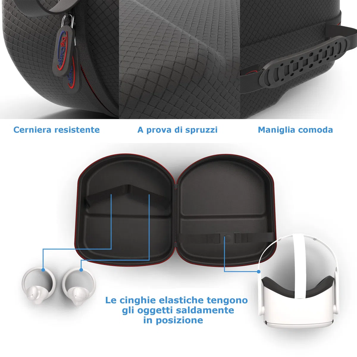 Digicharge Custodia Rigida Compatibile Con Meta Quest 3S / Quest 3 Oculus Quest 2 Cuffie VR Con Cinturino Standard, Controller Touch E Accessori, Viaggio Borsa con Finitura in Diamante Nero