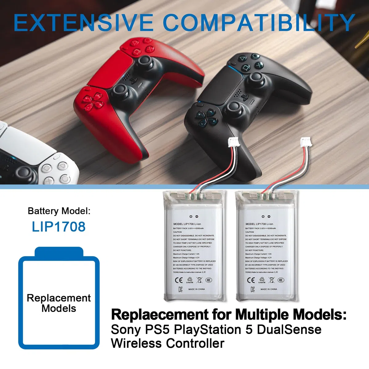 2 batterie agli ioni di litio per Sony PS5, ricambio per PS5 PlayStation 5 DualSense Wireless Controller Model LIP1708 Li-ion