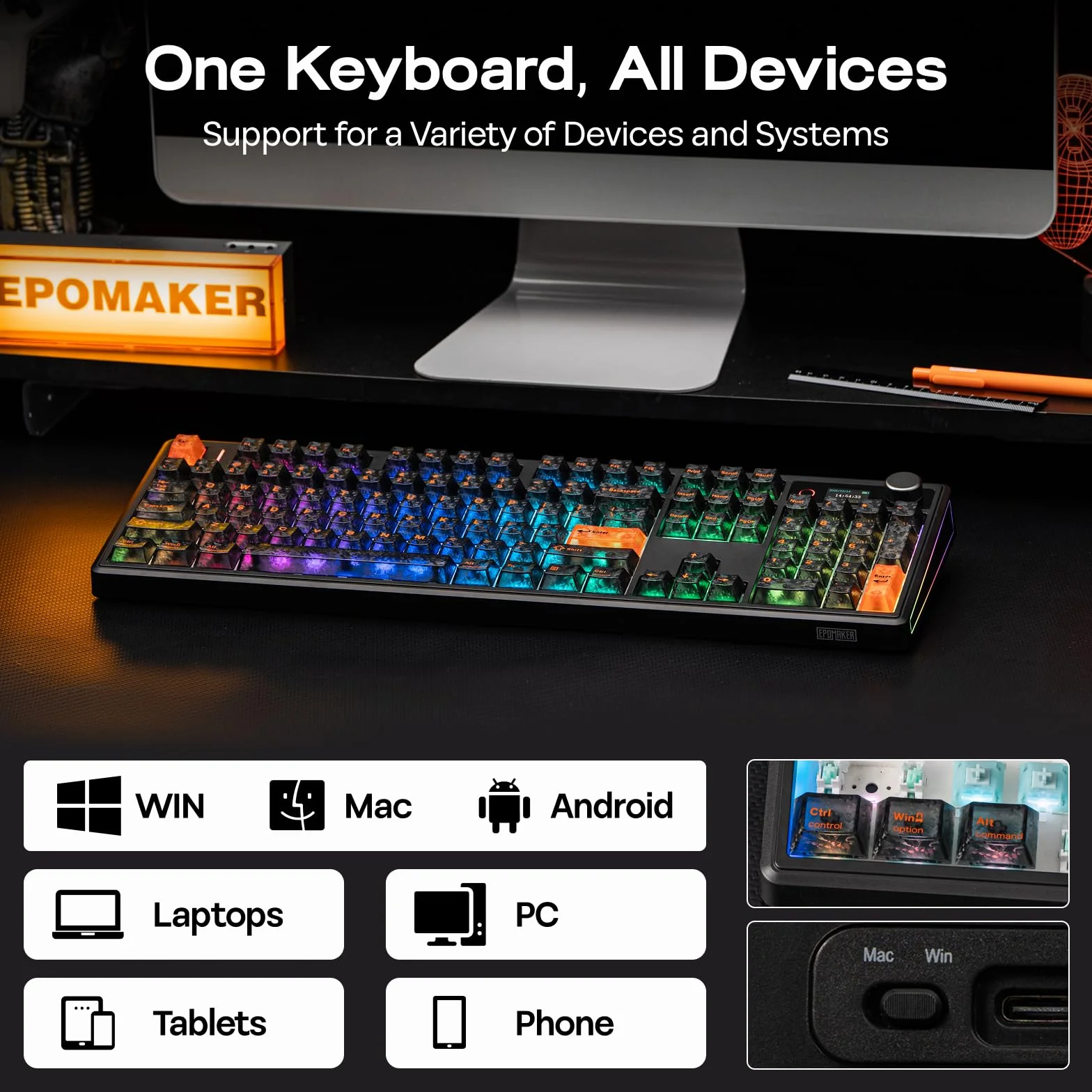 EPOMAKER TH108 V2 PRO Tastiera Meccanica Full Size con Schermo e Manopola, 10000mAh, BT/2.4Ghz, Tasti PBT per Mac, Hot Swap, Luci RGB, Tastiera Wireless Gaming per Mac/PC (Nero, Creamy Jade)