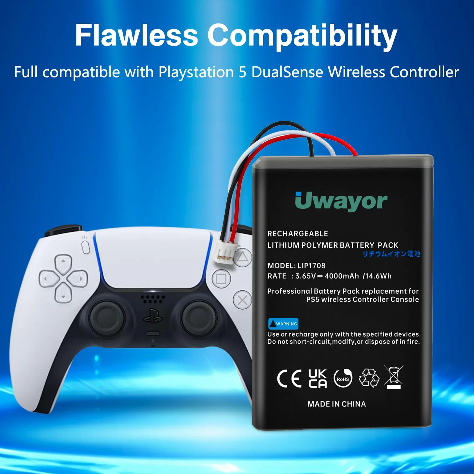 Batteria per controller PS5, 4000 mAh, LIP1708, ricambio per Sony PlayStation 5 DualSense CFI-ZCT1W Wireless Controller