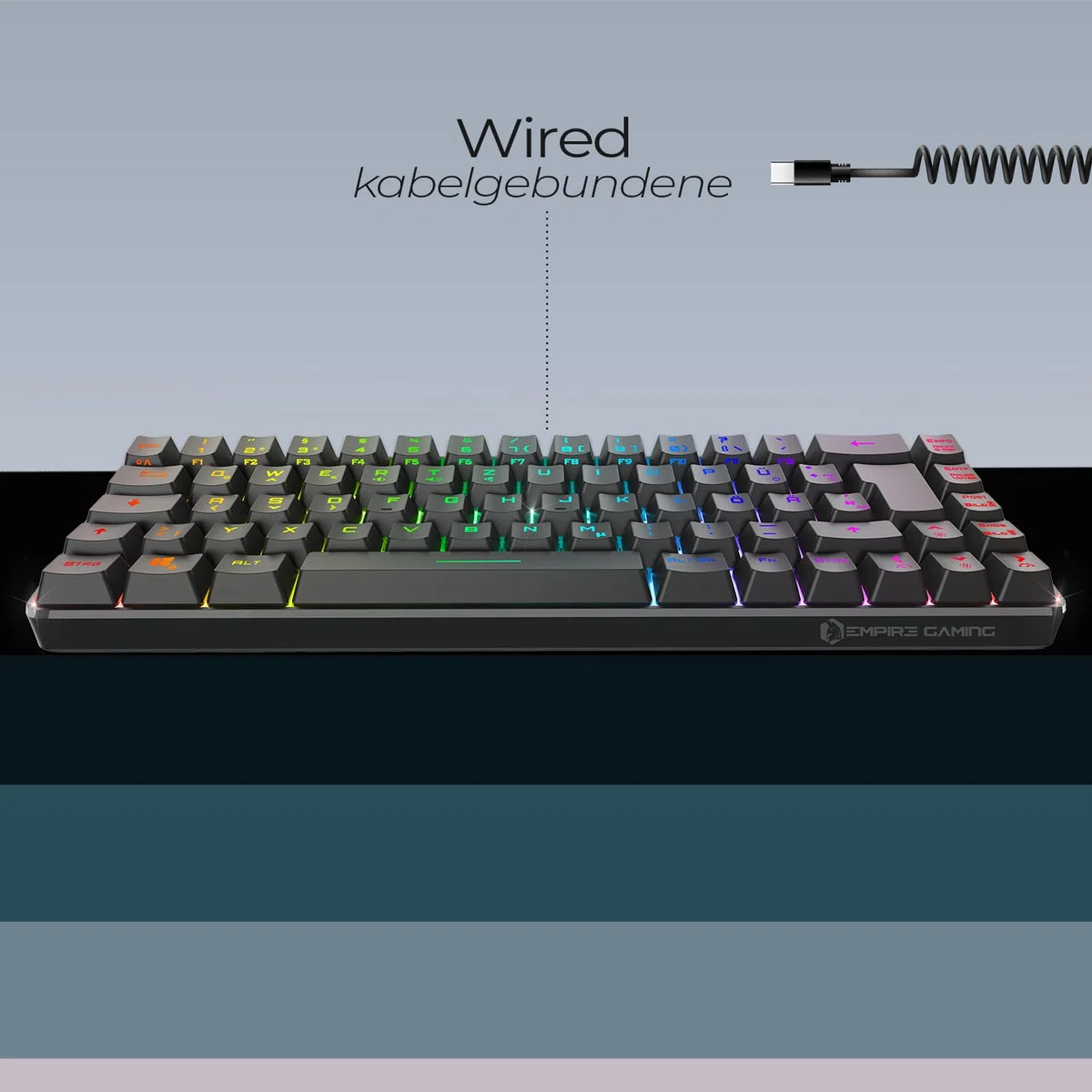 EMPIRE GAMING - K208 Tastiera cablata compatta TKL (DE-QWERTZ) a 69 tasti RGB - Cavo USB Type C rimovibile Plug & Play - PC/PS4/PS5/Xbox - 23 tasti anti-ghosting (nero)