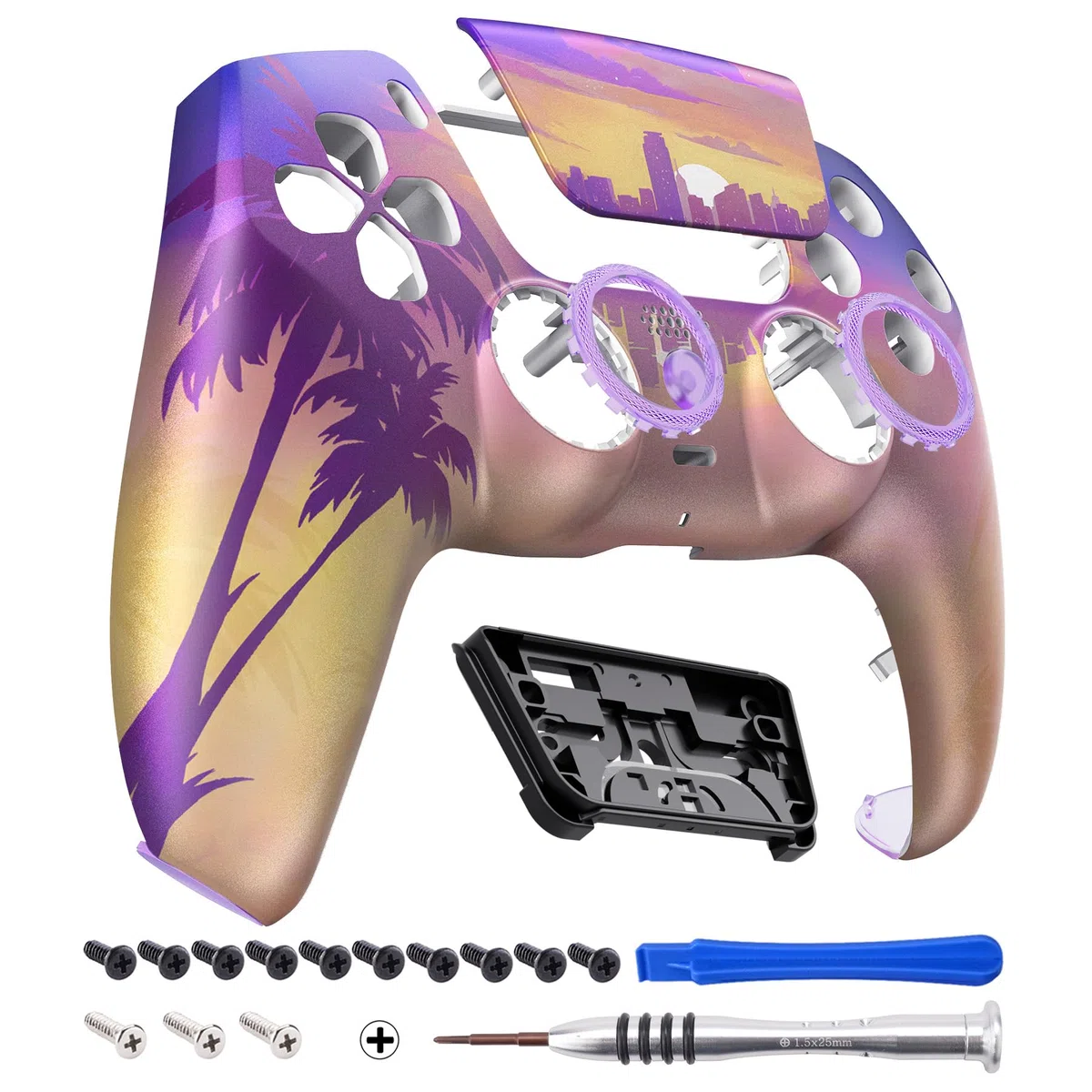 eXtremeRate Luna Cover per ps5 Controller Joystick,Shell Frontale Touchpad Ricambio,Scocca Ridisegnata&Anelli per ps5 Joypad BDM 010/020/030/040/050-Neon Miami