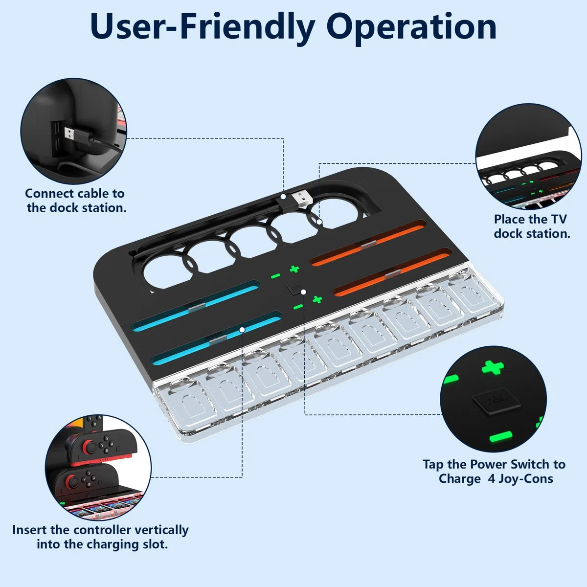 Caricatore Joycon per Nintendo Switch 2, Stazione di Ricarica per Controller Switch 2 con 7 Luci RGB/9 Memorizzazione Della Scheda di Gioco, Compatibile con 4 Joy Con
