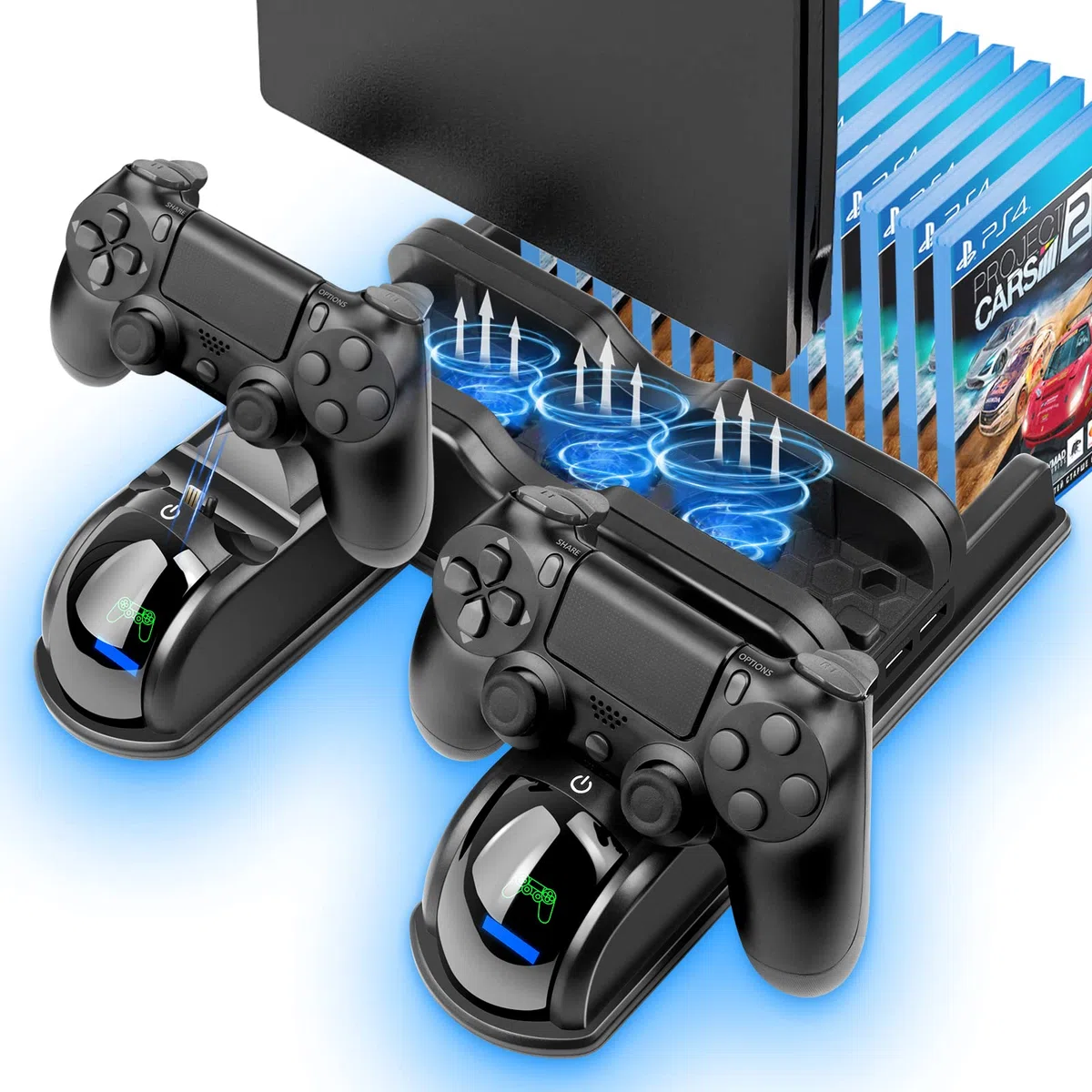 Labtec Supporto PS4 con ventola di raffreddamento e stazione di ricarica doppio controller per Playstation 4/Slim/Pro, 12 slot di gioco, accessori