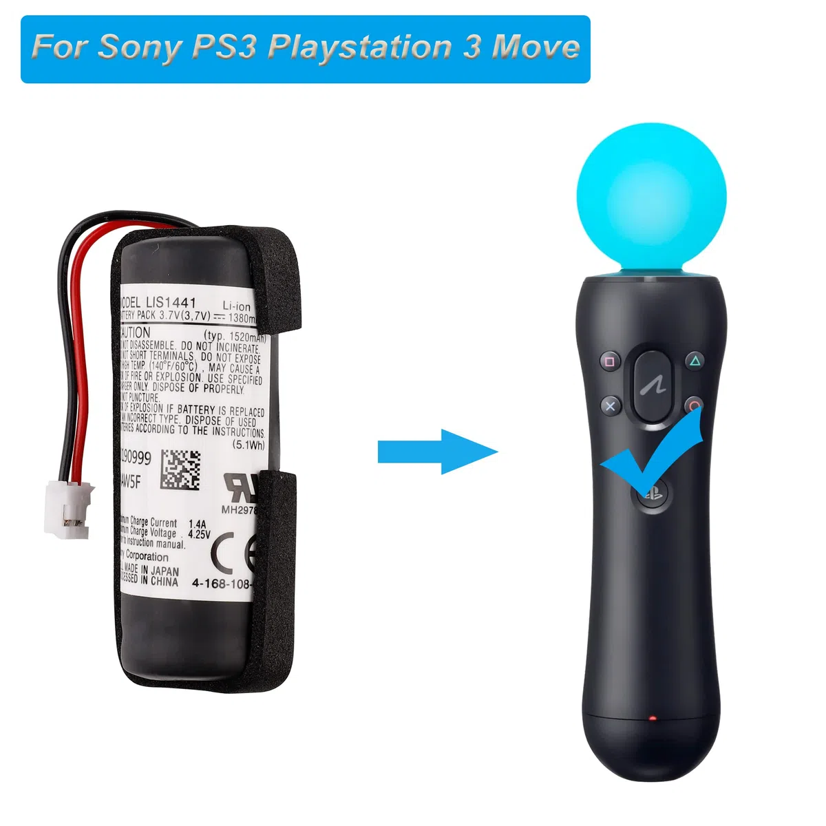 Batteria di ricambio LIS1441 LIP1450 compatibile con Sony PS3 PlayStation 3 Move Motion Controller