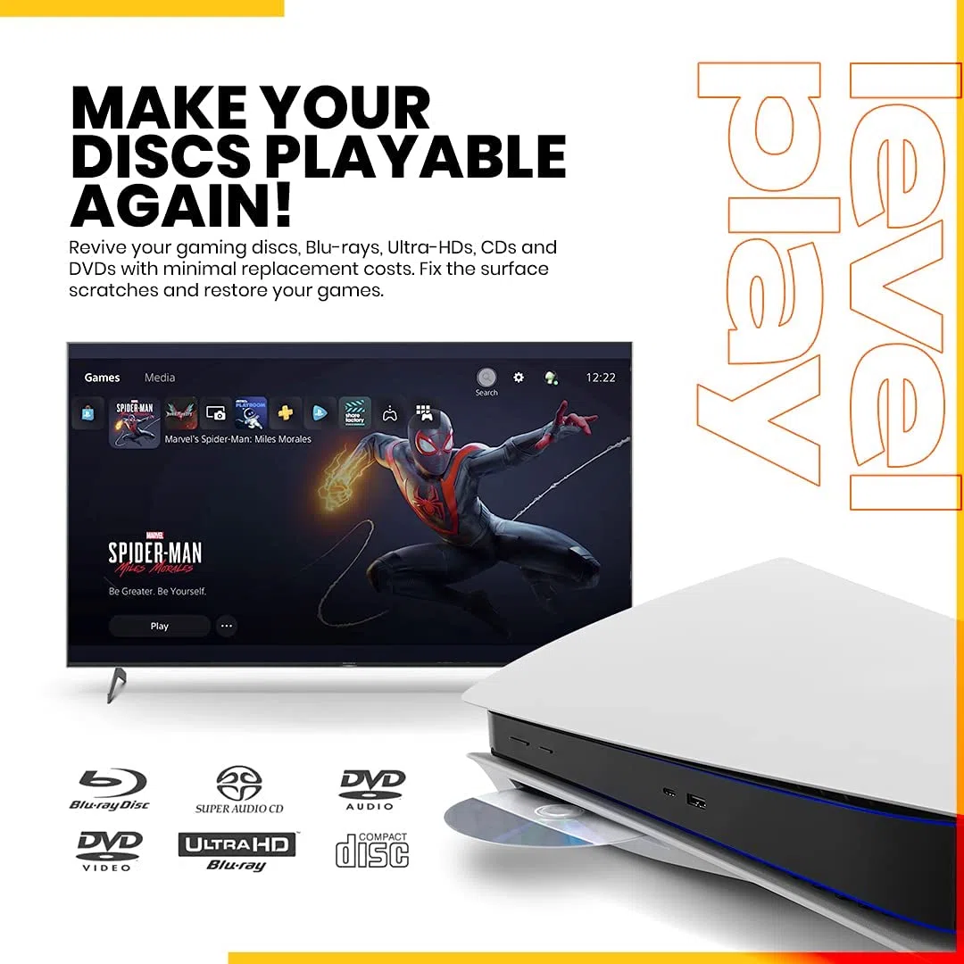 Levelplay Kit di Rimozione Graffi per Dischi - Ripara e Lucida Danni Superficiali di CD, DVD e Blu-ray, Aiuto per Salti Audio/Video e/o Blocchi Gioco, Panno in Microfibra Incluso - Flacone Da 50 ml