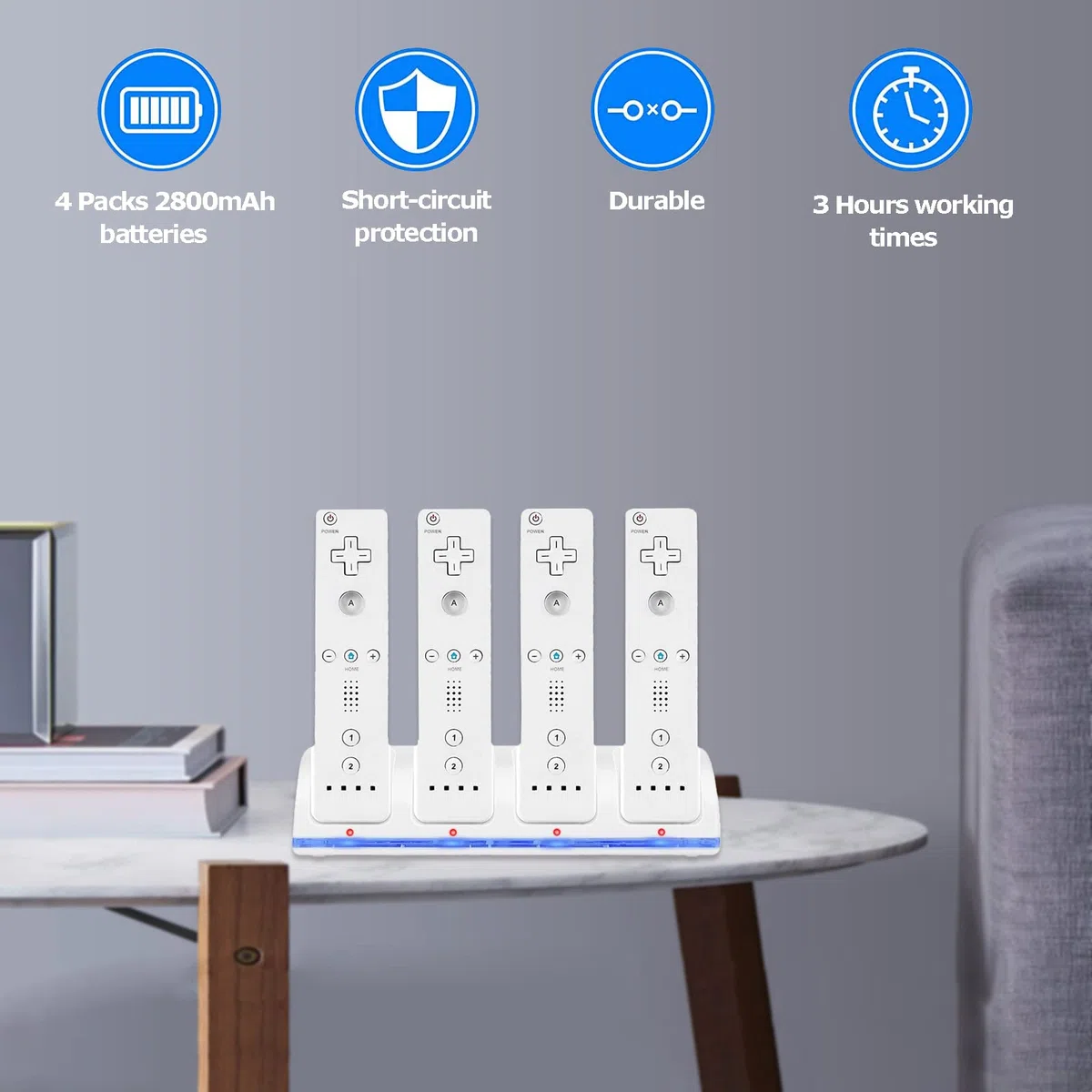 SOONHUA Stazione di Ricarica Wii 4 in 1 - Dock di Ricarica Controller Con 4 Batterie Ricaricabili E Indicatori Led per Telecomando - Bianco