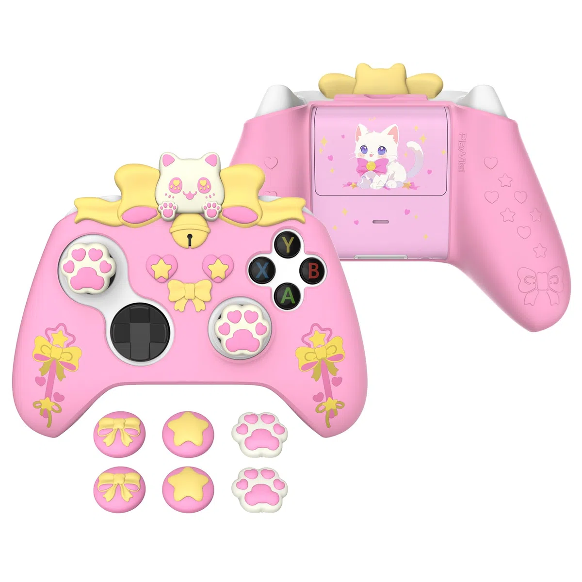 playvital Cover Silicone per Xbox Series X S Joystick,Custodia Controller Skin Antiscivolo Protettiva&6 Copri Levette Analogiche-Gattino Carino-Rosa