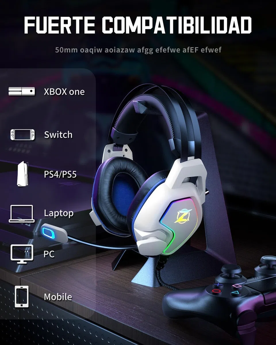 Ozeino Cuffie da gioco per PS4 PS5 PC Xbox One Switch, cuffie over-ear con suono surround, microfono con cancellazione del rumore, fascia a sospensione bianca