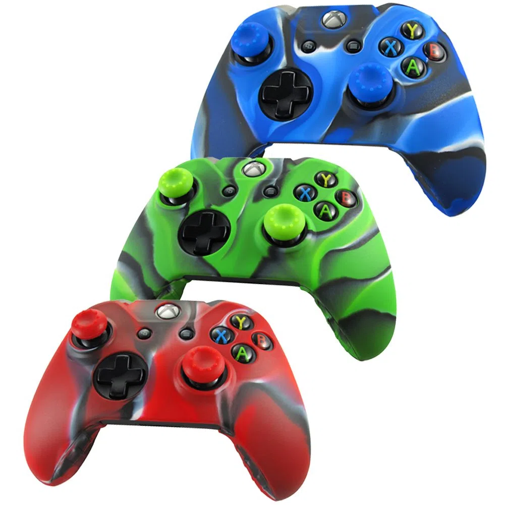 skin in silicone per Xbox One controller x 3 + pollice grip x 6 (camouflage rosso verde blu) by Pandaren