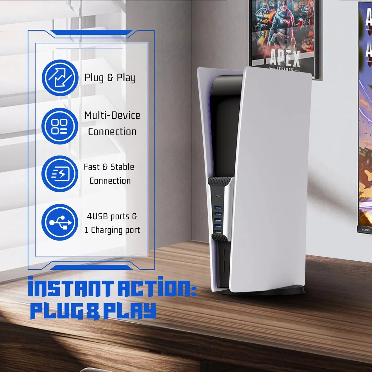 TNP Hub USB per console PS5 – Extender porta USB ad alta velocità per accessori PS5 con 4 x USB 2.0, 1 x USB 3.1 e 1 x porta di ricarica, adattatore di espansione USB per console Playstation UHD e
