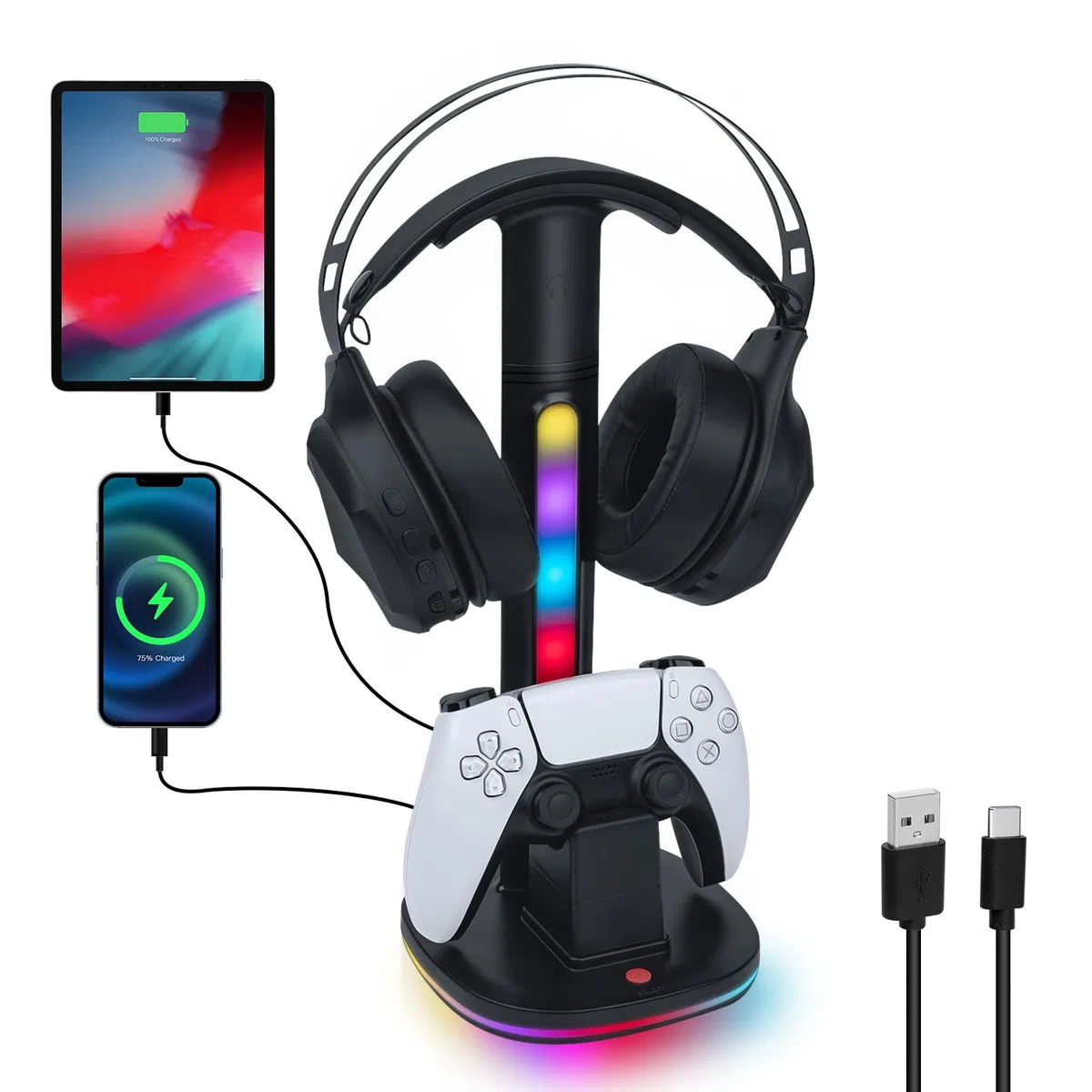 Base Stazione di Ricarica per Controller PS5 con Cuffie RGB e Supporto per Controller, Porta Cuffie con 2 porte USB per Caricatore per Joystick Playstation 5 DualSense Edge Accessori Gaming