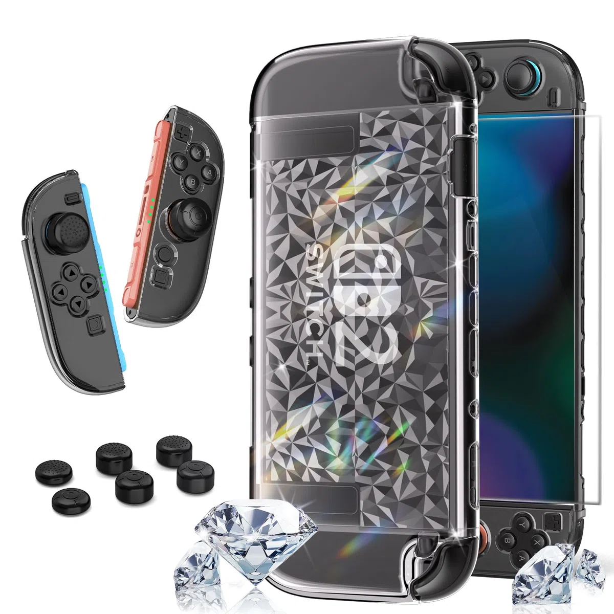 HEYSTOP Switch 2 Cover per Nintendo Switch 2 PC Custodia Protettiva Trasparente con Pellicola Temperata e Impugnature per i Pollici per Nintendo Switch 2 Accessori per Controller
