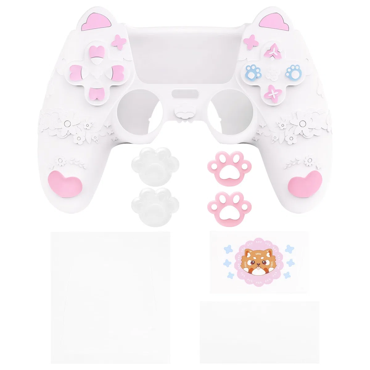 PlayVital Cover Controller per ps5 Joystick, Custodia Silicone Skin Antiscivolo&Copri Analogici&Adesivi, Adatto per ps5 Base di Ricarica, Panda Minore di Primavera Carino - Bianco