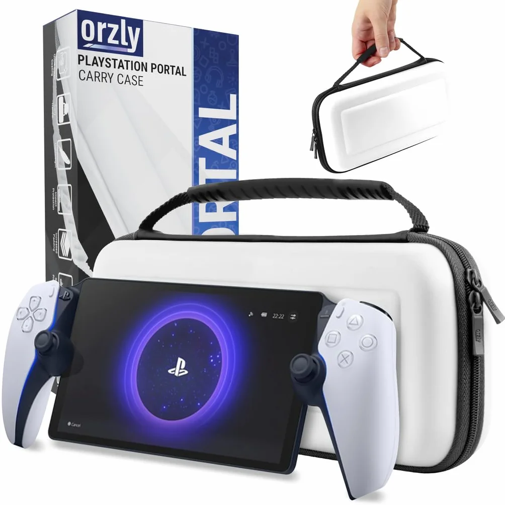 Orzly Custodia da trasporto progettata per il lettore remoto Playstation Portal per console PS5, protezione da viaggio e conservazione per caricabatterie per cuffie e altro Bianco/Nero