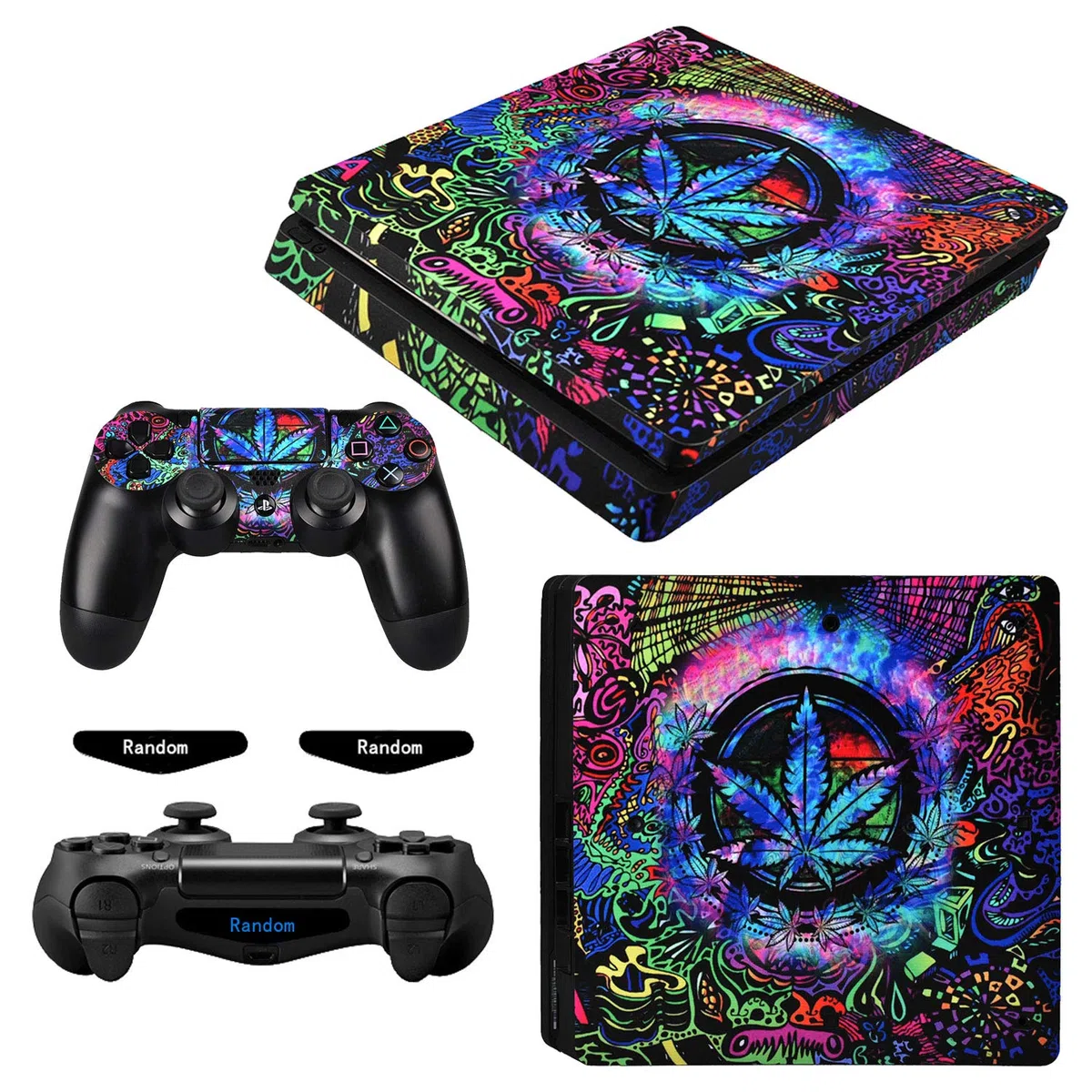 eXtremeRate Adesivo Skin per ps4 Slim Console Controller,2 Cover Controller Decalcomanie&2 Sticker LED Lightbar Barra Luminosa per ps4 Slim Joystick(Erbe Multicolori)