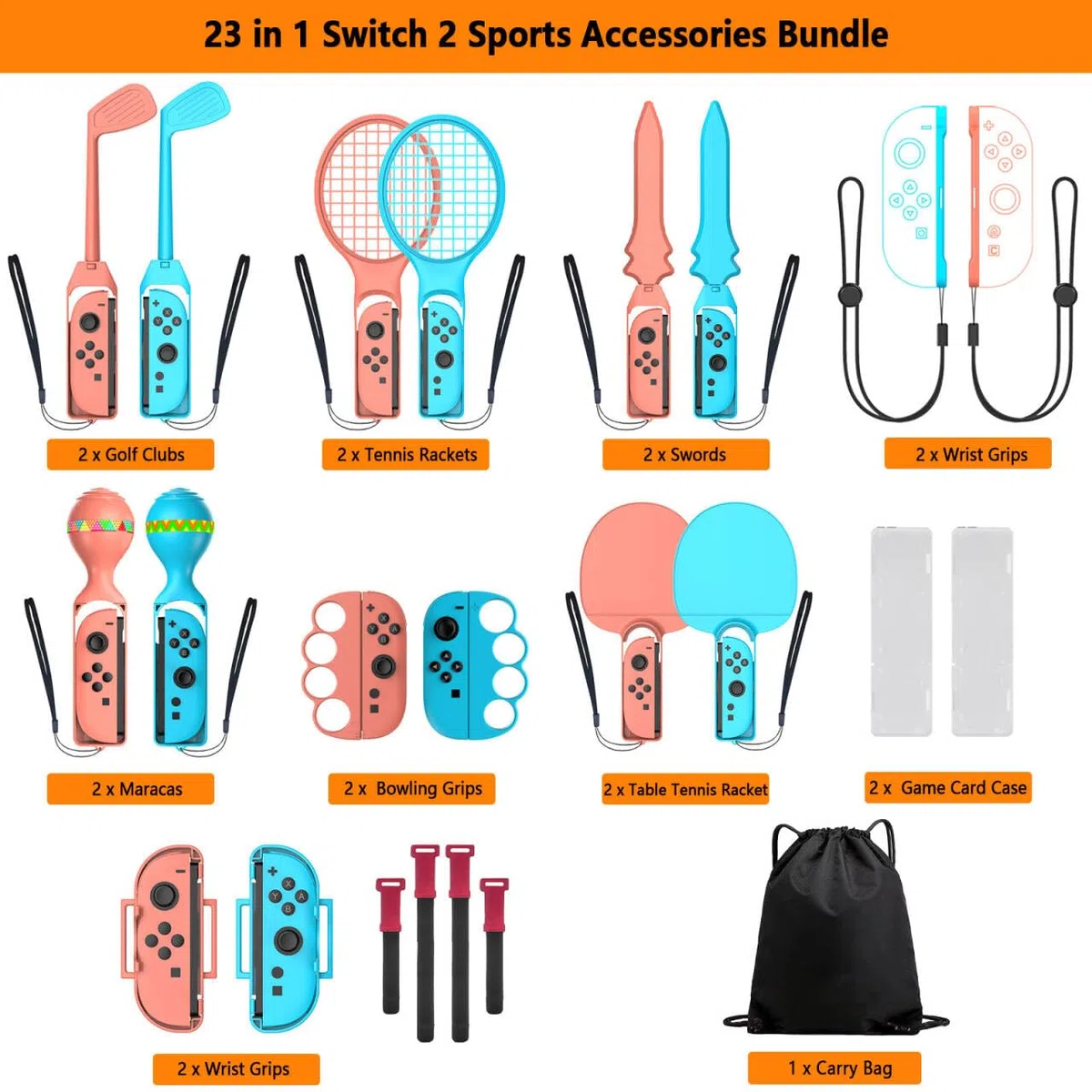 Accessori per Switch 2 Sports Giochi - Nintendo Switch 2 Accessori sportivi Family Party Pack Kit con mazze da golf, racchetta da tennis, spade impugnature, Joycon Cinghie da polso Maracas Borsa