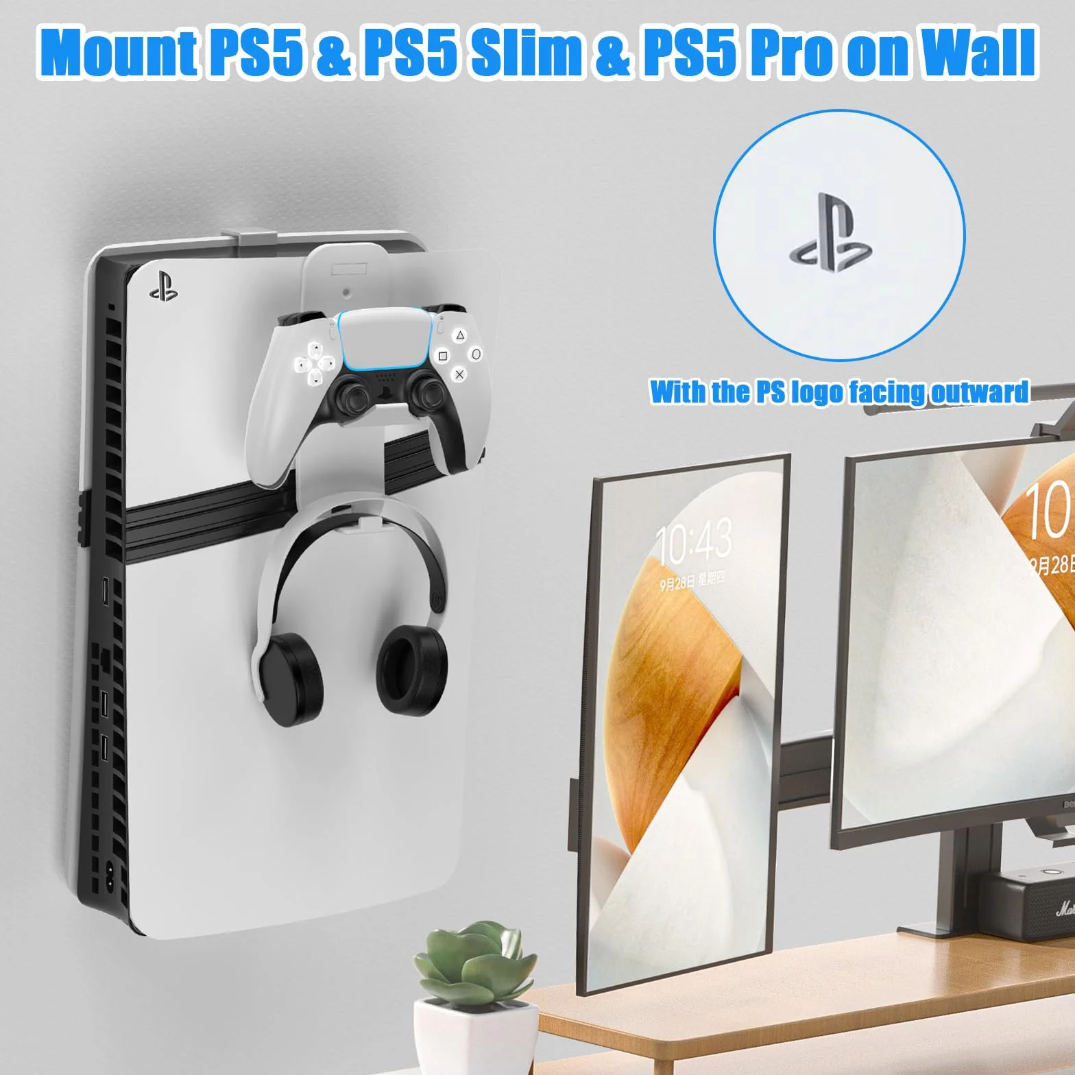 Supporto da parete per PS5 Slim, staffa da parete per PlayStation 5 Slim Staffa per montaggio a parete per PlayStation 5 Slim in acciaio robusto con Supporto per cuffie del controller (Bianco)