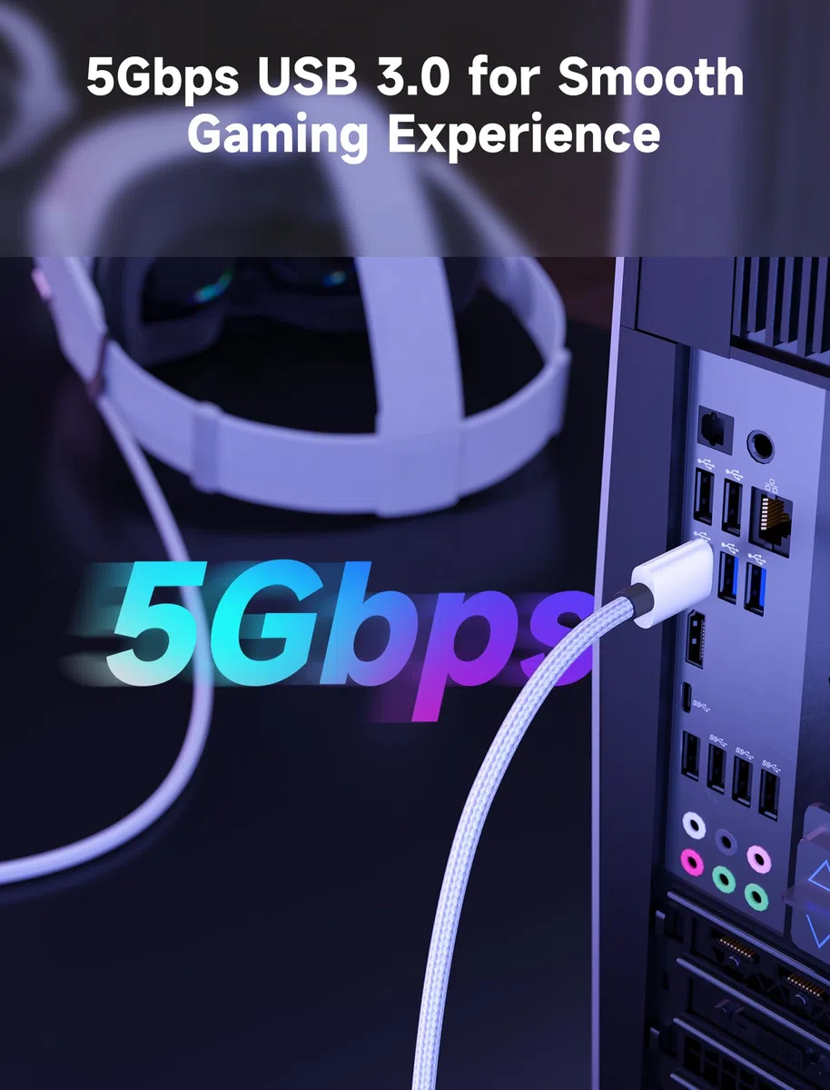 JSAUX Cavo Link 16ft con Ricarica 18W, Compatibile con Oculus Meta Quest 3S/3/2/Pro e Pico 4, Accessori PC VR e Steam VR, Cavo Dati 2-in-1 USB 3.0 ad Alta Velocità 5Gbps USB C per Visori VR