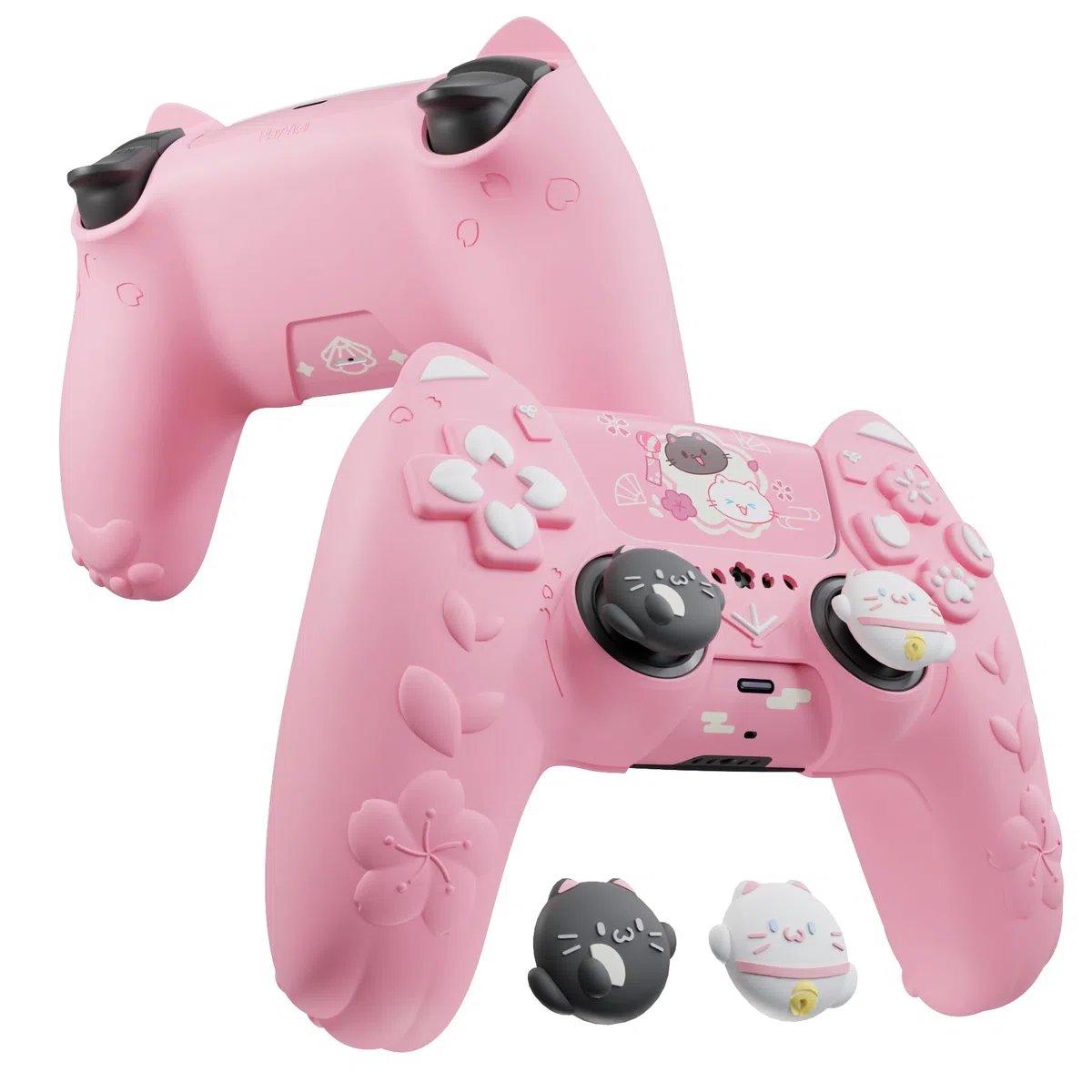 PlayVital Cover Controller per ps5 Joystick Custodia Silicone Grip Antiscivolo con Copri Analogici e Adesivi, Accessori Protettivi Carini, Adatto per ps5 Base di Ricarica, Gattino di Fiori-Rosa
