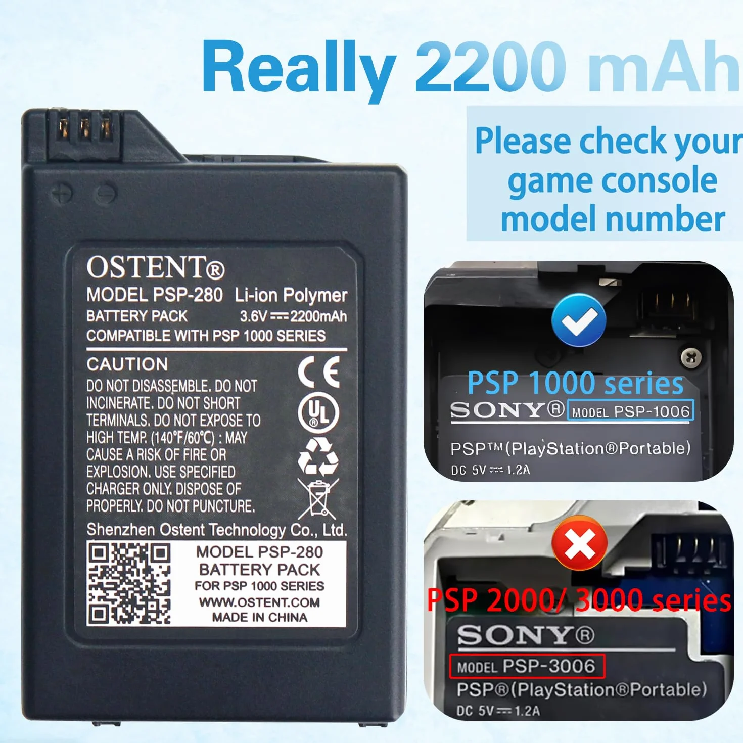 OSTENT 2200mAh 3.6V Batteria Ricaricabile agli Ioni di Litio ai Polimeri di Litio Sostituzione Versione Aggiornata per Sony PSP 1000 PSP-280 Console Videogiochi