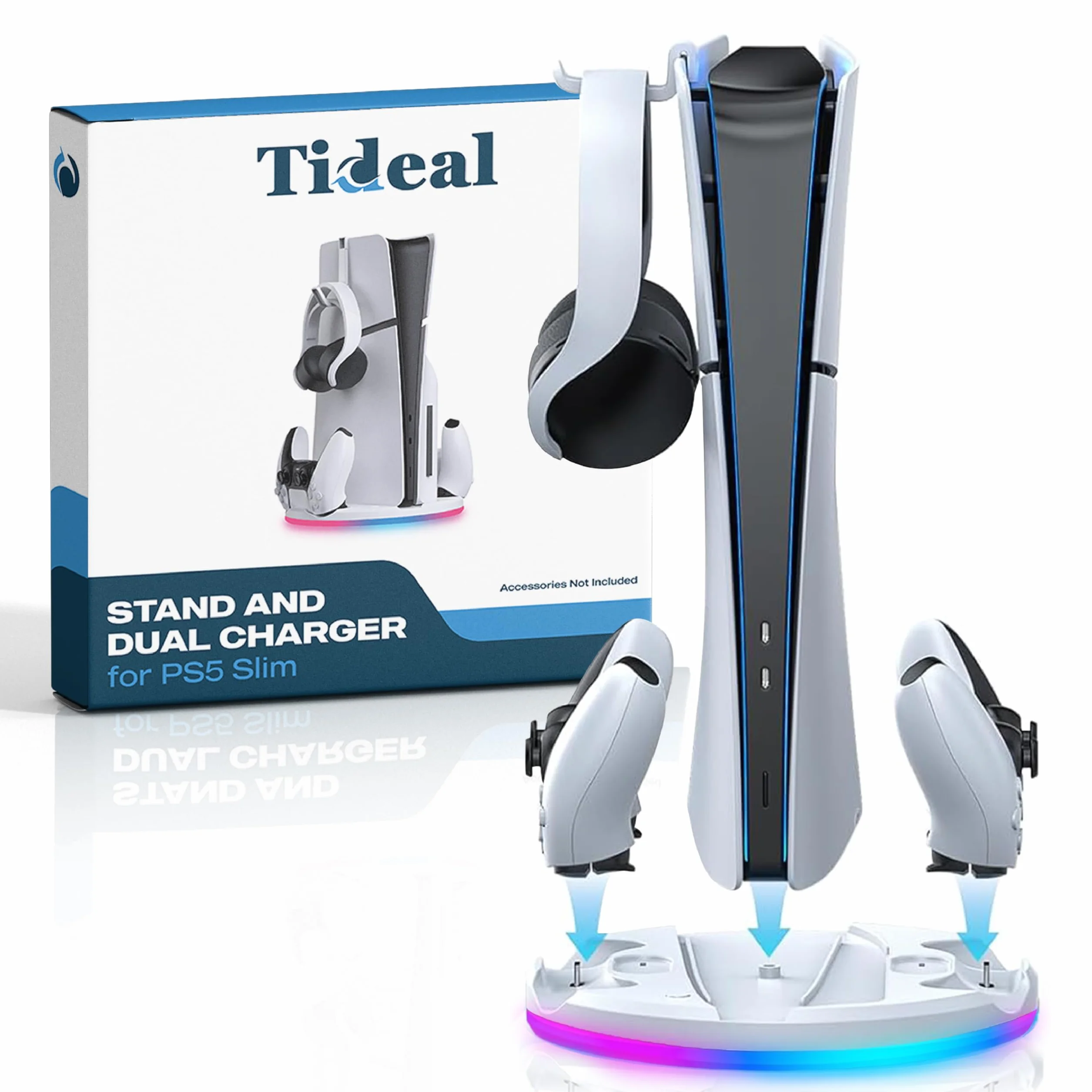 Supporto con caricatore Dual Controller per PS5 Slim - PlayStation 5 - Base di ricarica per Dual Controller e Supporto per Cuffie - Illuminazione RGB - Ricarica rapida - per Dual Sense e