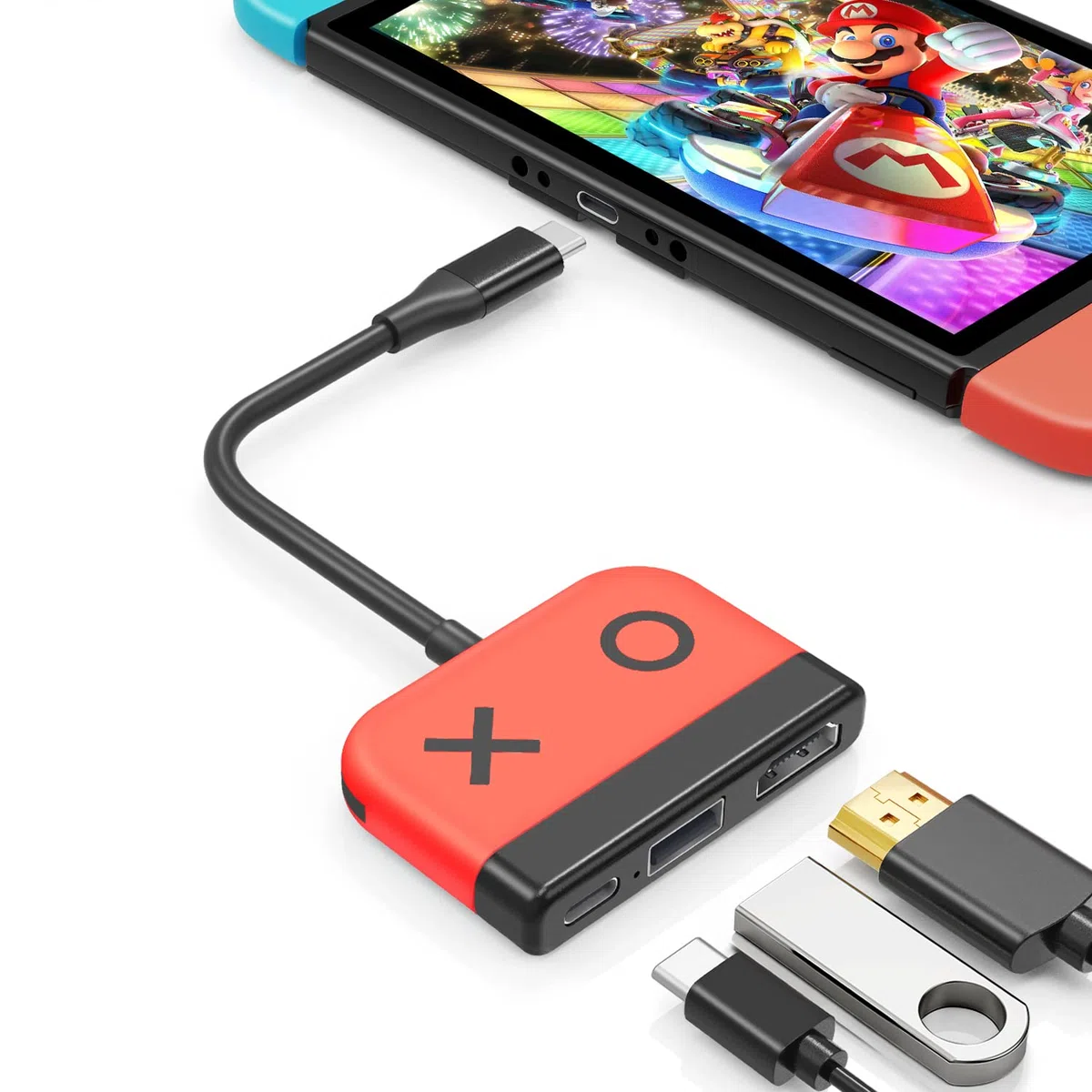 Tendak Adattatore USB C a HDMI per Switch/OLED - Tipo C a 4K HDMI Converter, USB 3.0, PD Porta di Ricarica, 3in1 Hub per MacBook Pro, Samsung S22, Huawei Mate 30 (Rosso)