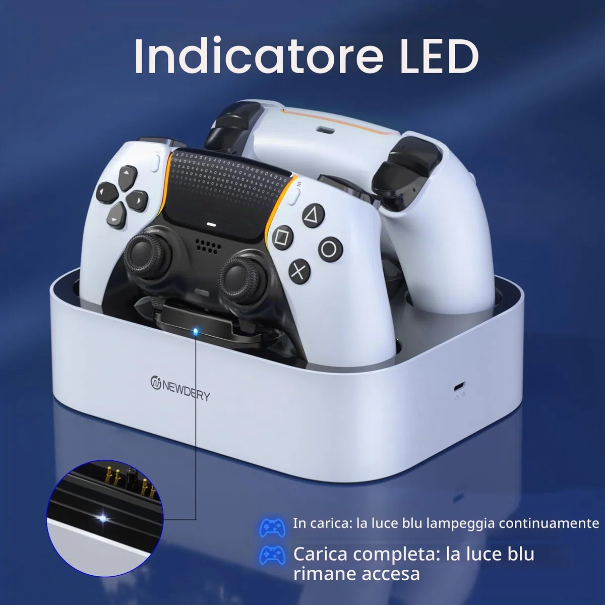 NEWDERY Stazione di ricarica per controller PS5 Dual-Sense Edge & PS5, docking a ricarica rapida, supporto per controller Play-Station 5 Edge & PS5 con indicatori luminosi a LED