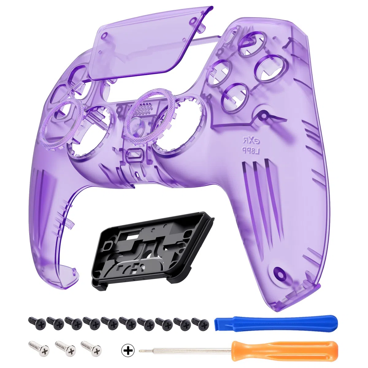 eXtremeRate LUNA Cover Frontale Touchpad Ricambio per ps5 Controller,Copertura Custodia Scocca Shell Ridisegnato Anelli Compatibile con ps5 Joystick BDM 010/020/030/040/050-Trasparente Viola
