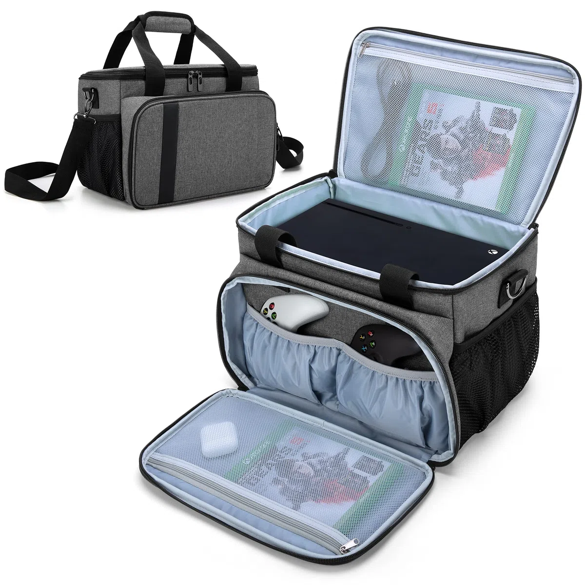 CURMIO Borsa da trasporto compatibile con console di gioco Xbox Series X e accessori, borsa da trasporto portatile con tracolla per controller, cavi, cuffie, solo borsa, Grigio