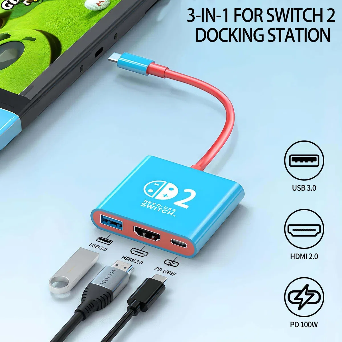 Switch 2 TV Dock, Portatile Base Support Compatibile con Nintendo Switch 2 Console,3 in 1 Docking Station Supporto 4K HDMI/USB 3.0/PD 100W Port, Dock Switch 2 (Rosso e Blu)