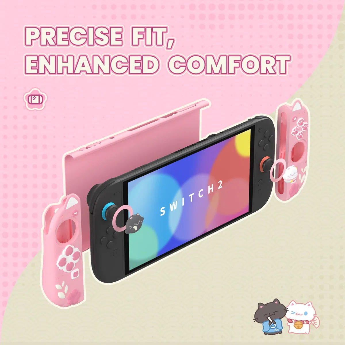 playvital Cover Dockable per Nintendo Switch 2, Custodia Silicone per Joycon 2&Copertura Console Protettiva Rigida&Supporto Regolabile Extra&Copri Analogici Carini, Gattino di Fiori-Rosa
