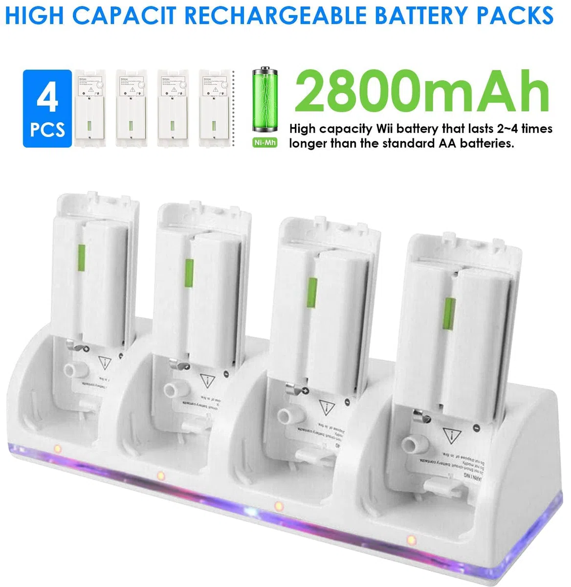 SANON Stazione di Ricarica per Controller Wii, 4 Dock di Ricarica Dock Station per Caricatore Remoto Wii con 4 Batterie Ricaricabili da 2800mAh & indicatori LED, Bianca