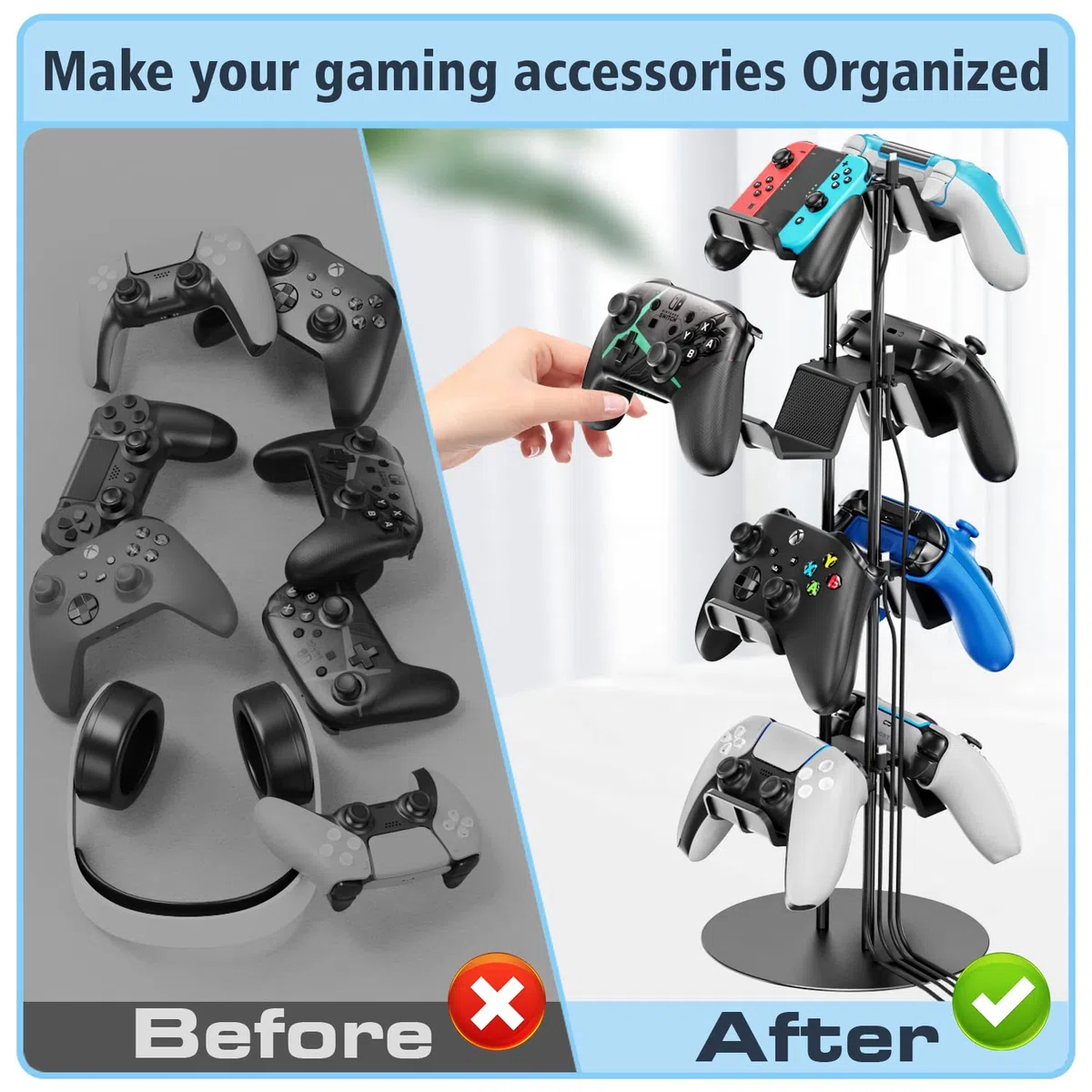 Supporto Cuffie e Joystick a 4 Livelli, Porta Cuffie e Joystick Universale per PS5/PS4/Xbox/Nintendo Switch, Porta Controller a 8 Grandi Capacità, Accessori Gaming Organizer per Controller e Cuffi