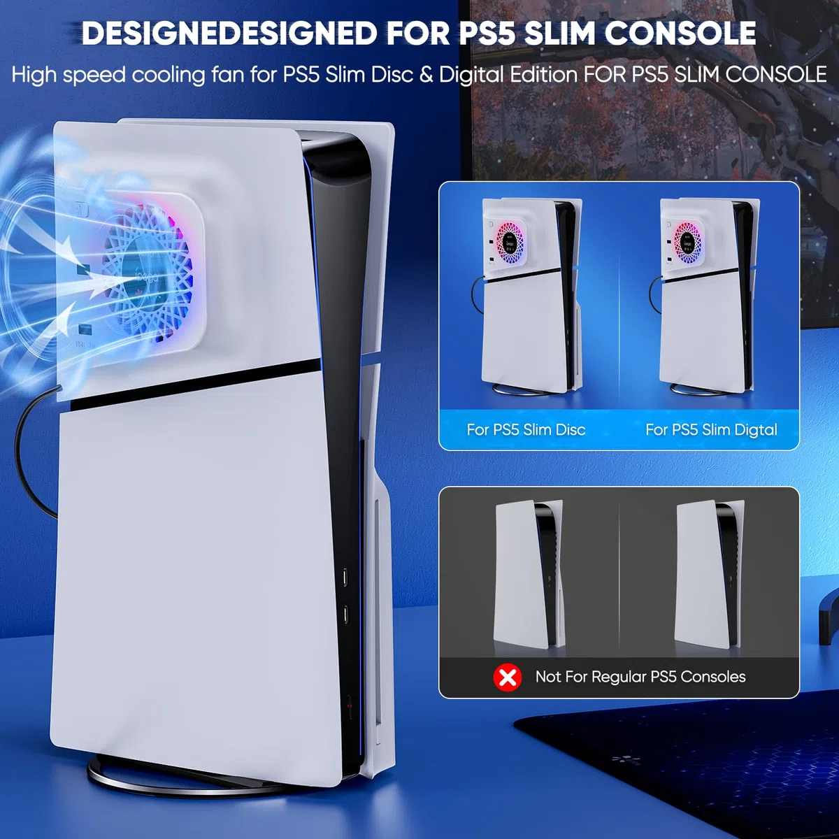 FASTSNAIL Ventola di raffreddamento RGB con piastra di copertura per PS5 Slim, velocità automatica regolabile tramite sensori di temperatura, 3 velocità manuale e hub USB
