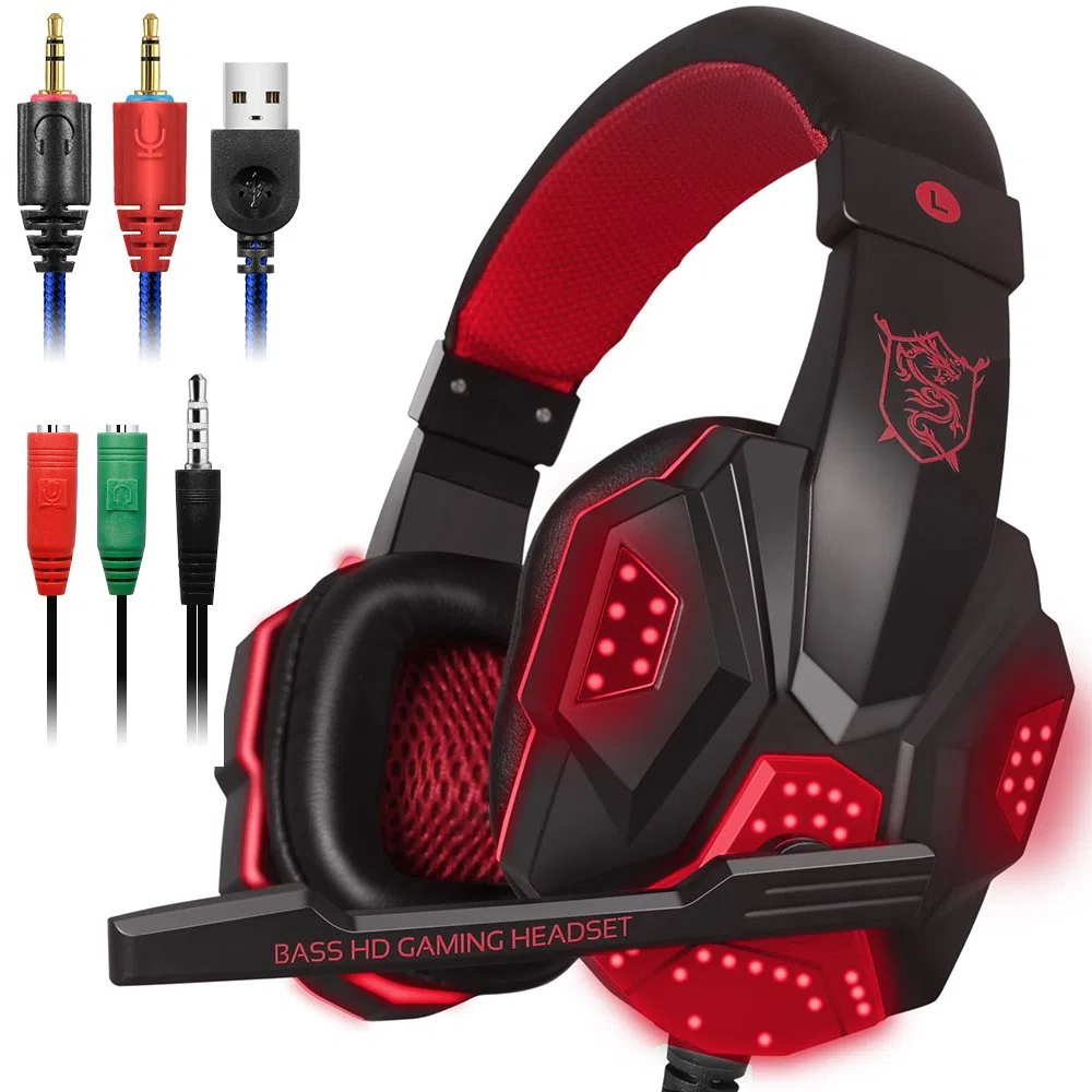 Gaming Headset con microfono e LED Light per laptop, portatile, PS4 e il nuovo Xbox One, DLAND 3.5mm Wired Noise Isolamento Gaming Headphones - Controllo del Volume (Nero e Rosso).