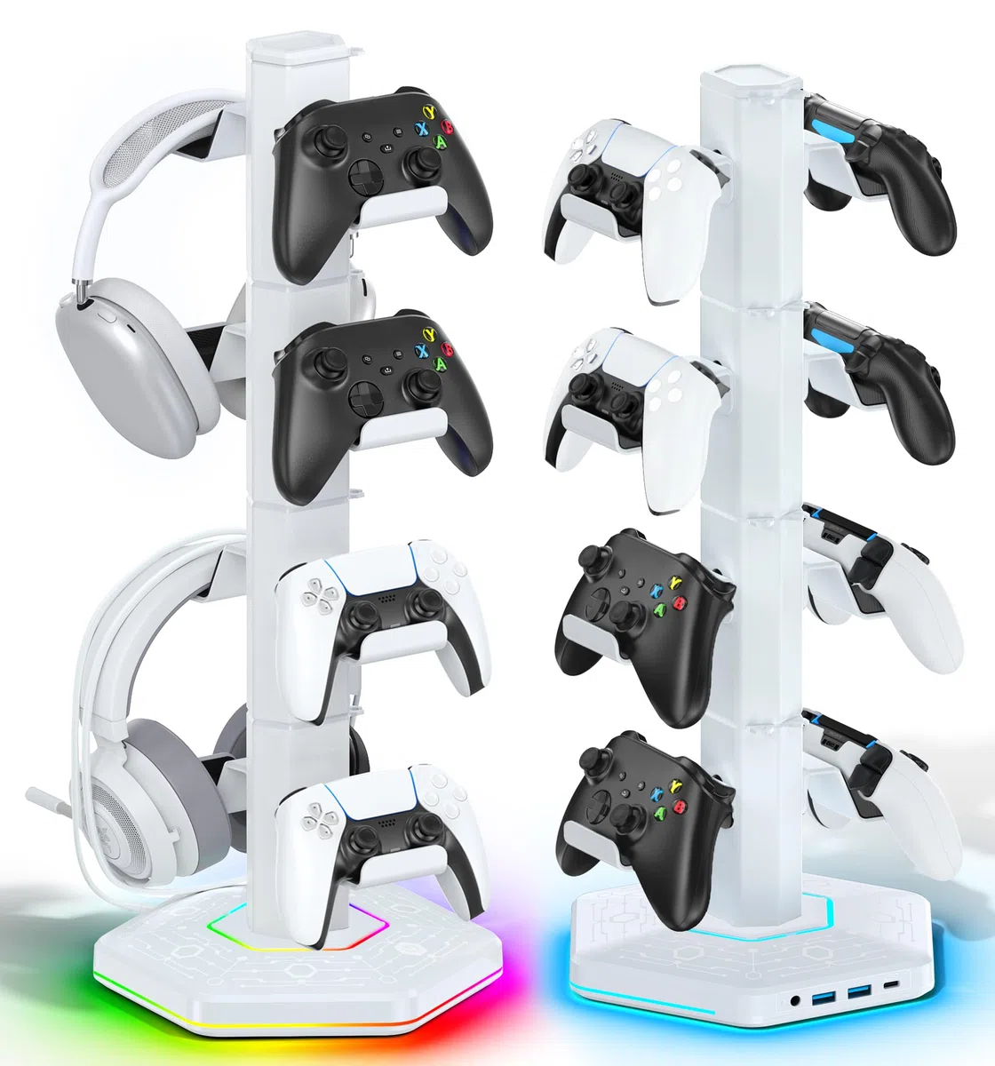 4 Tier Supporto per Controller RGB con 9 Modalità di Illuminazione, Supporto Cuffie Gaming con 2 Porte USB 3.0 e Organizer per Cavi, Stand per Cuffie, Bianco